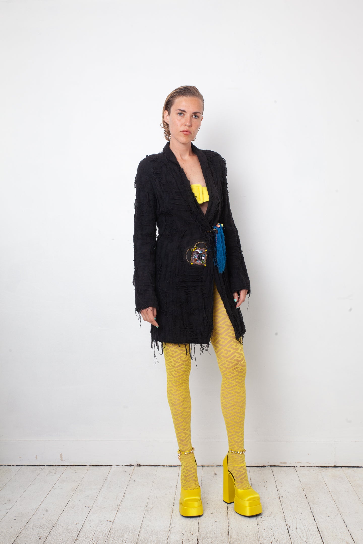 Christian Lacroix Bazar 90's distressed black knit jacket with brooch detail