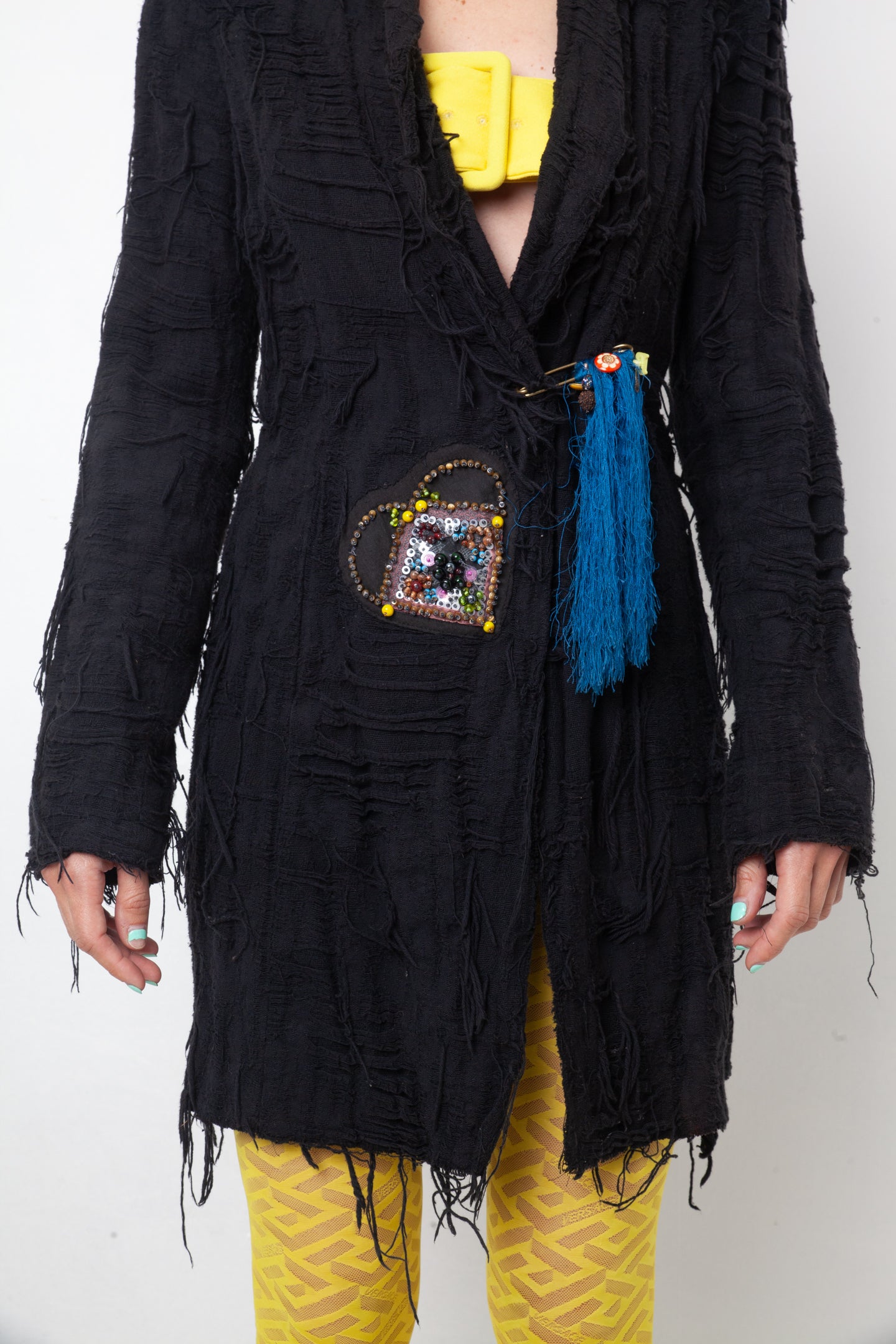 Christian Lacroix Bazar 90's distressed black knit jacket with brooch detail