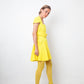 Versace FW 2021 full runway look 36 : yellow dress , Medusa Aevitas heels and stockings