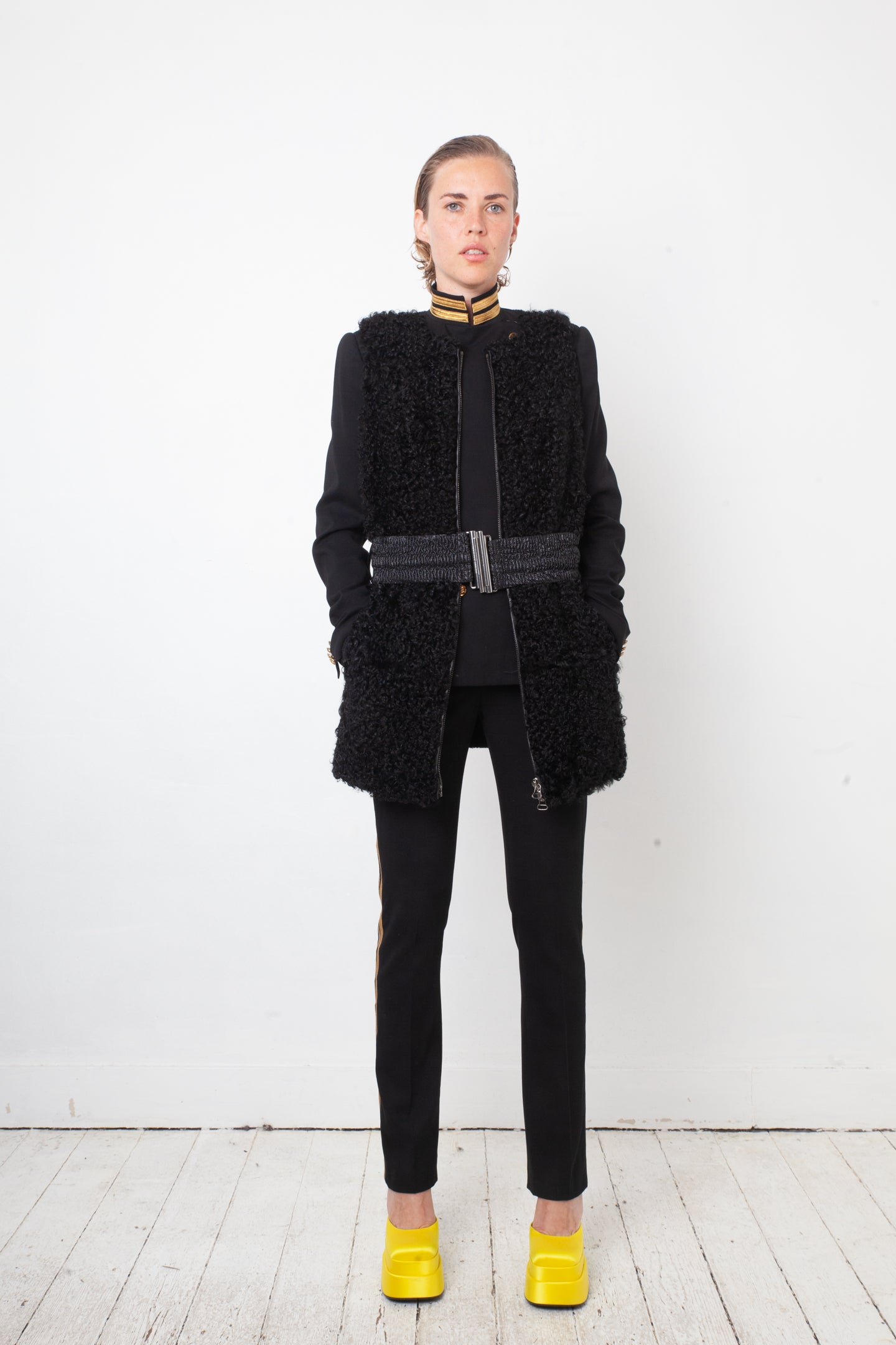 Balmain 2000's black shearling hair sleeveless jacket with belt