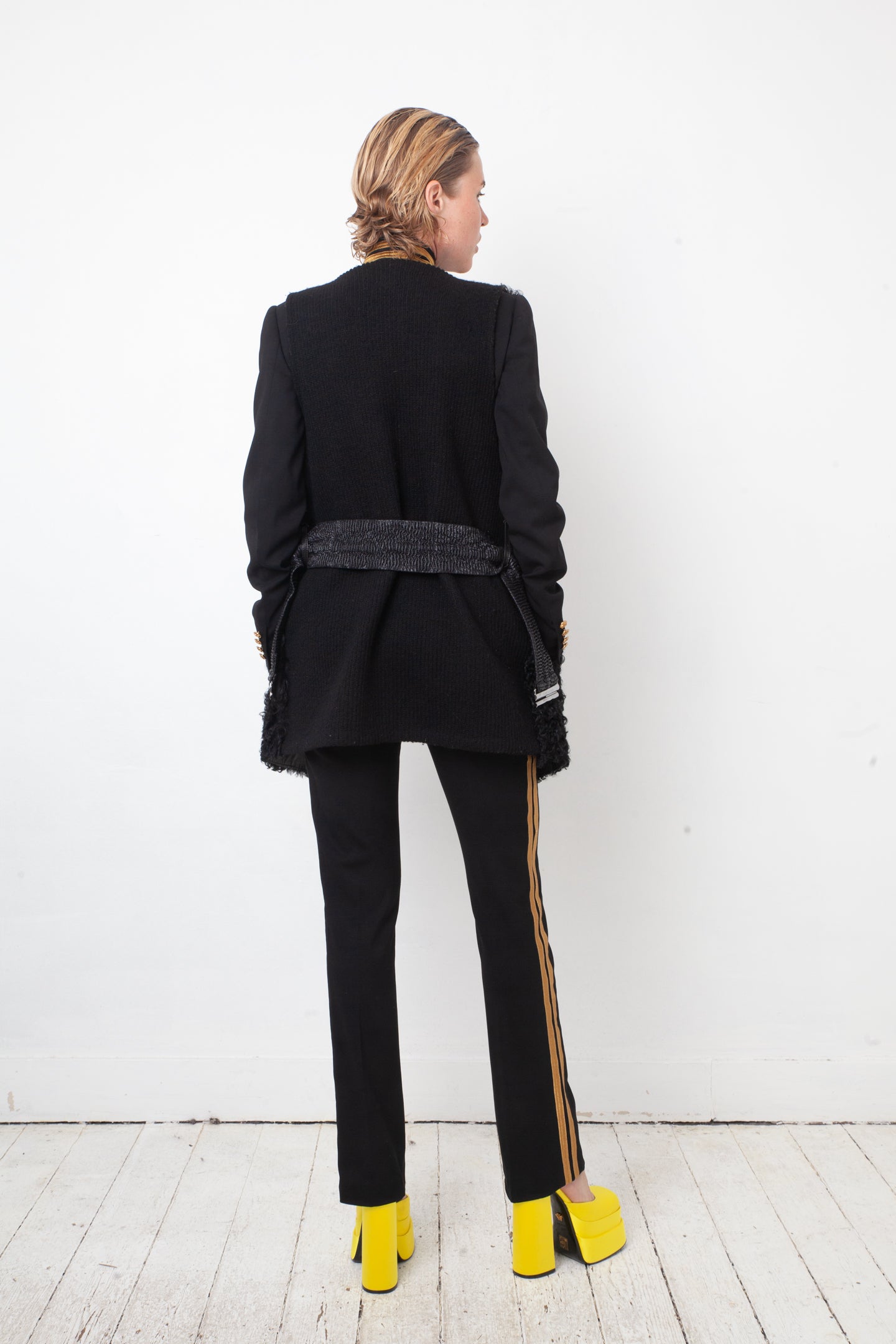 Balmain 2000's black shearling hair sleeveless jacket with belt