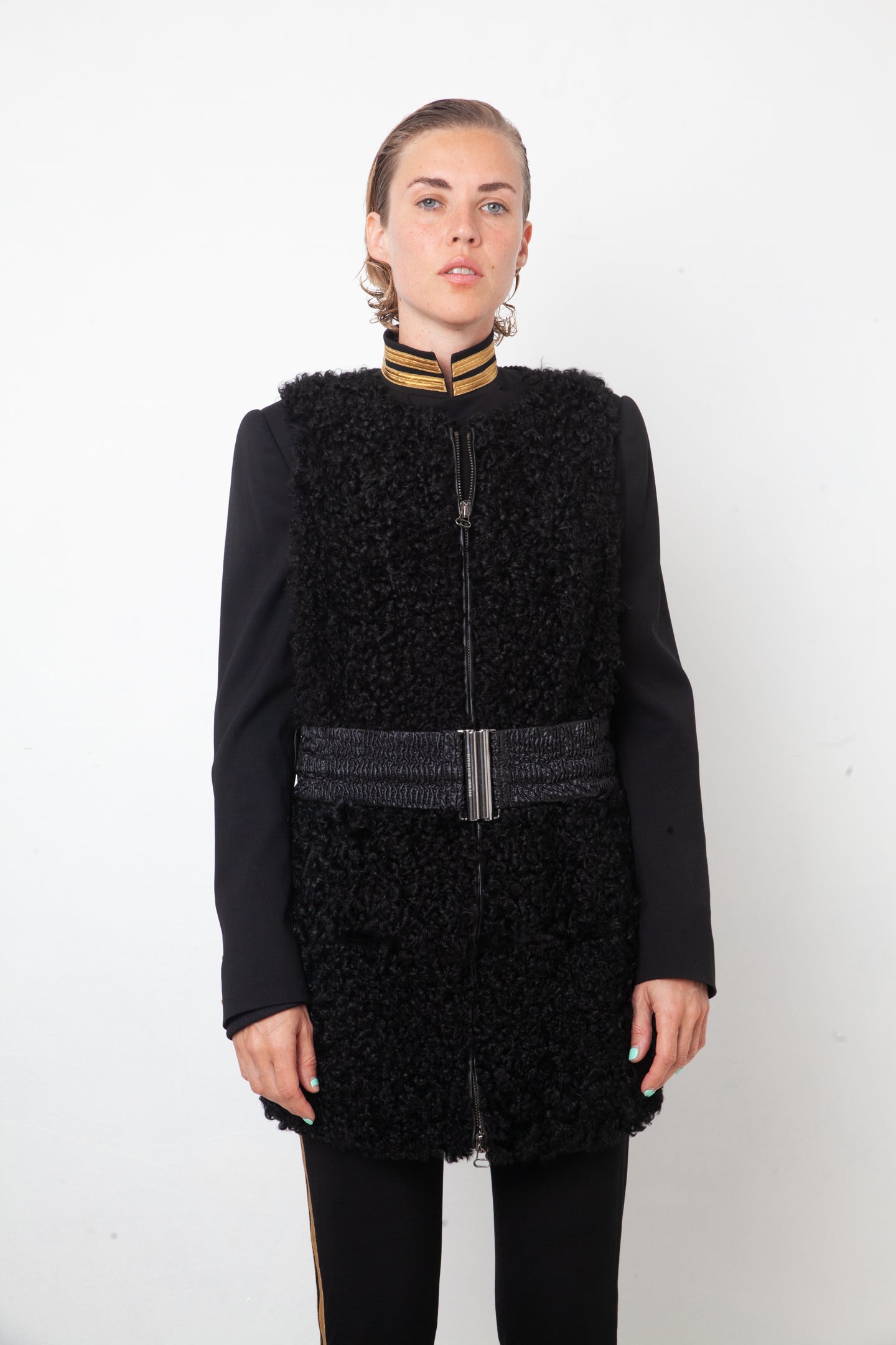 Balmain 2000's black shearling hair sleeveless jacket with belt