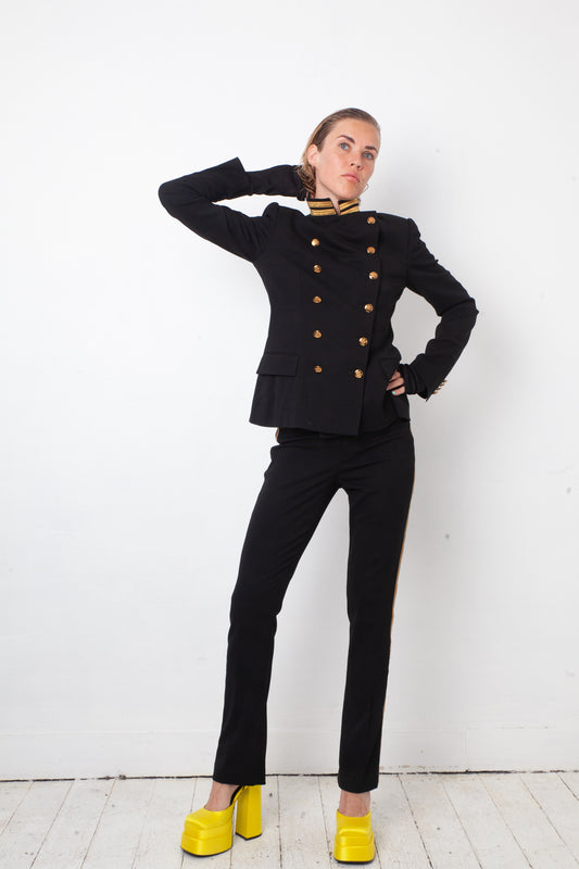 Ralph Lauren 2010's black pantsuit with golden buttons and stripes
