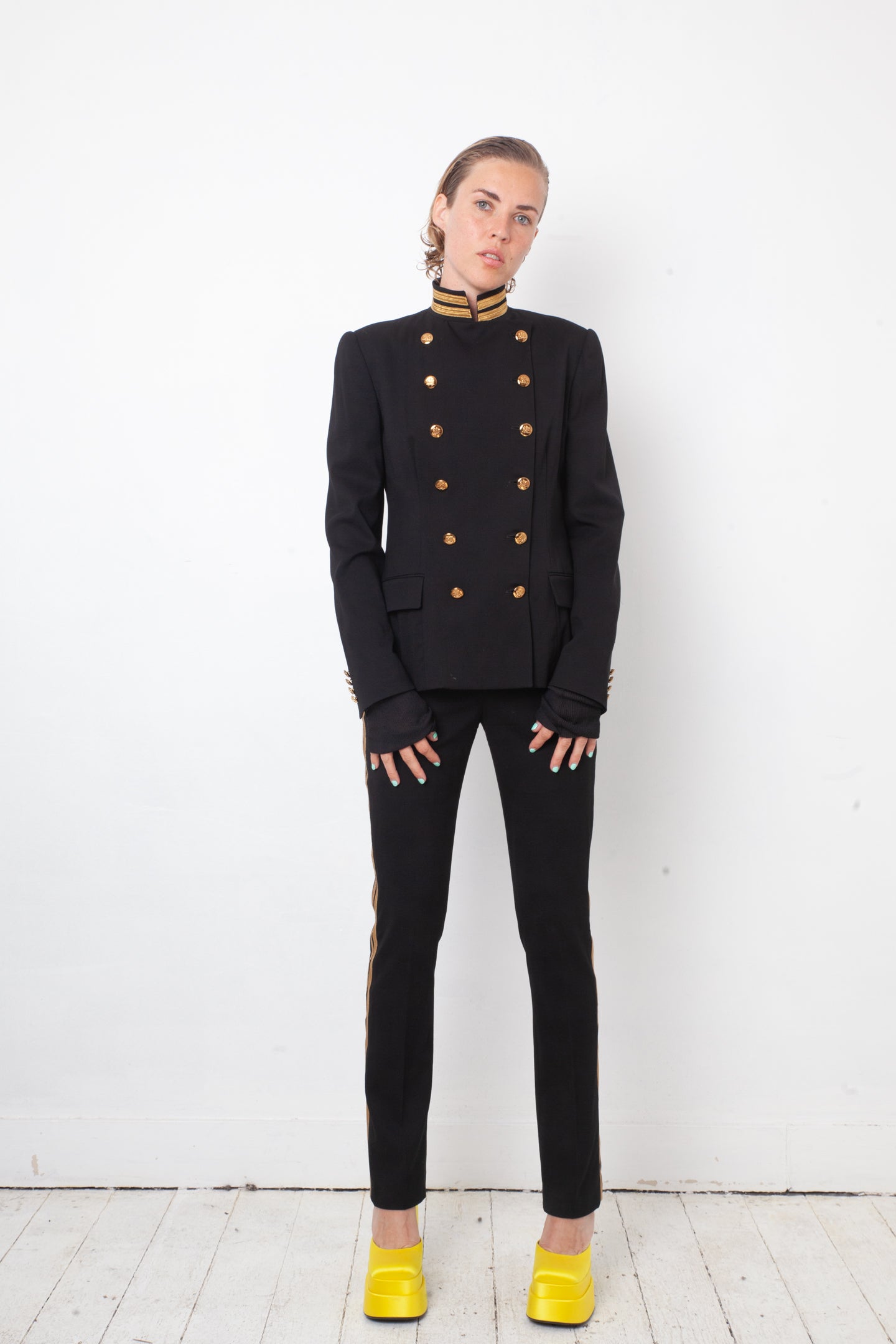 Ralph Lauren 2010's black pantsuit with golden buttons and stripes