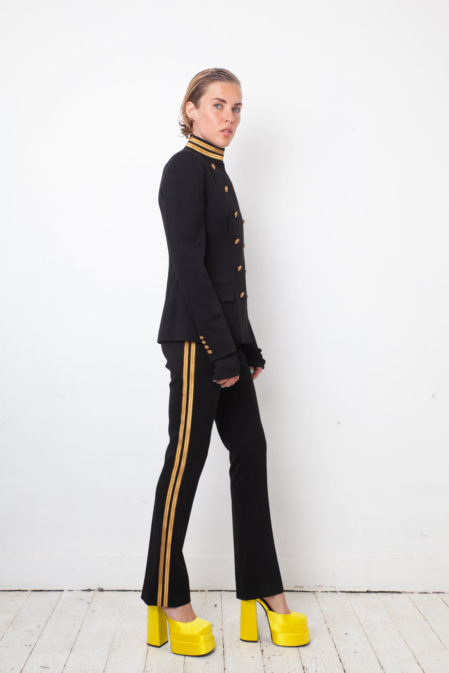 Ralph Lauren 2010's black pantsuit with golden buttons and stripes