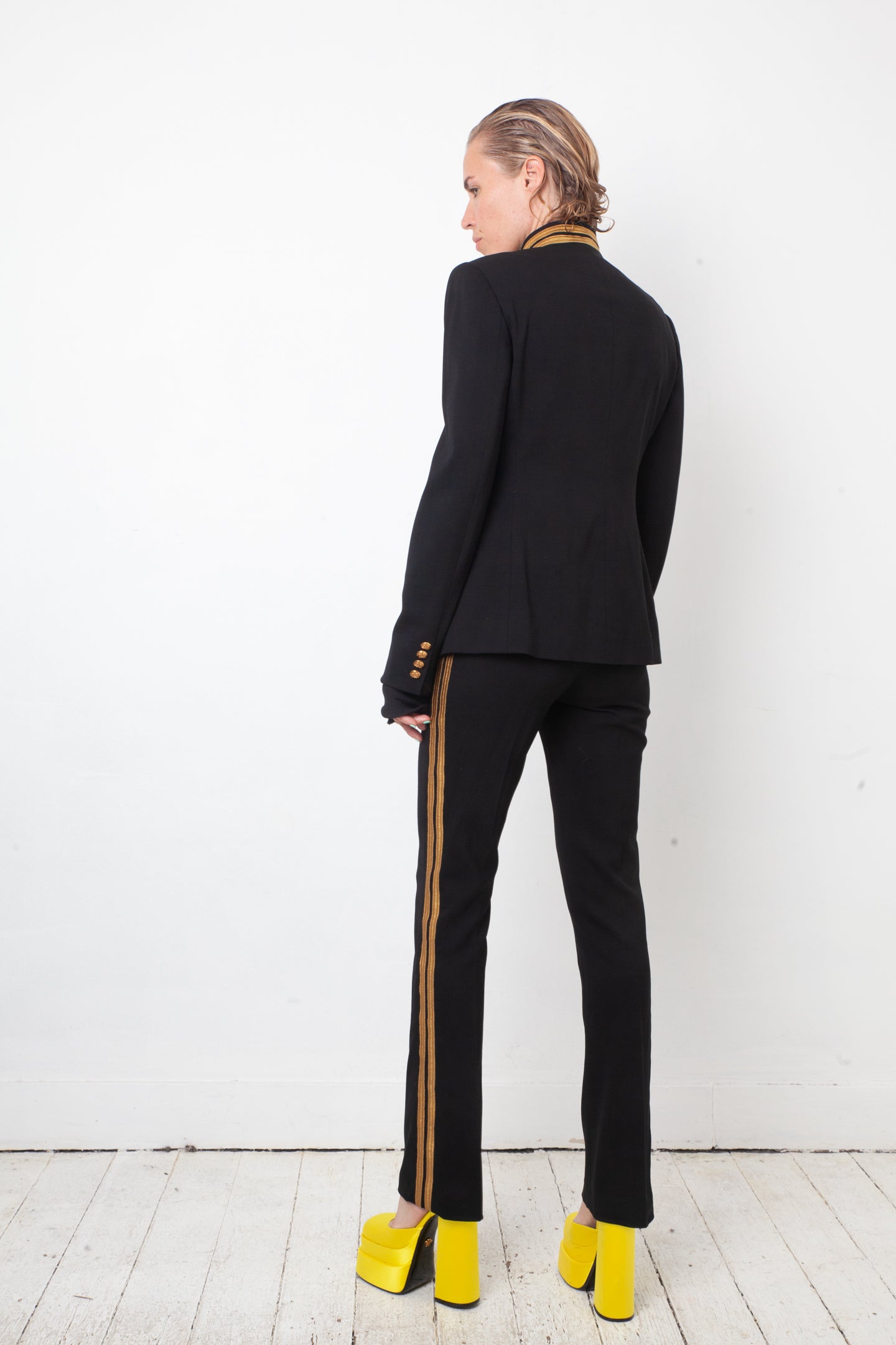 Ralph Lauren 2010's black pantsuit with golden buttons and stripes
