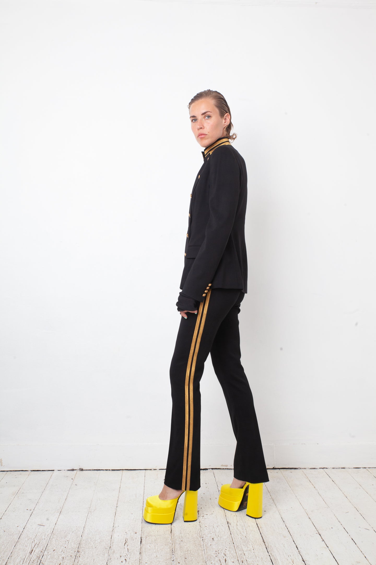 Ralph Lauren 2010's black pantsuit with golden buttons and stripes