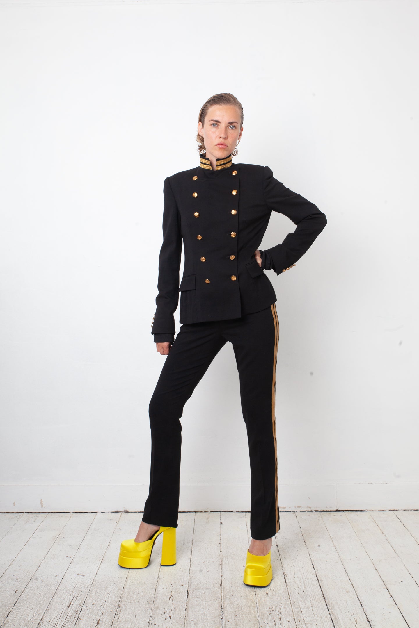 Ralph Lauren 2010's black pantsuit with golden buttons and stripes