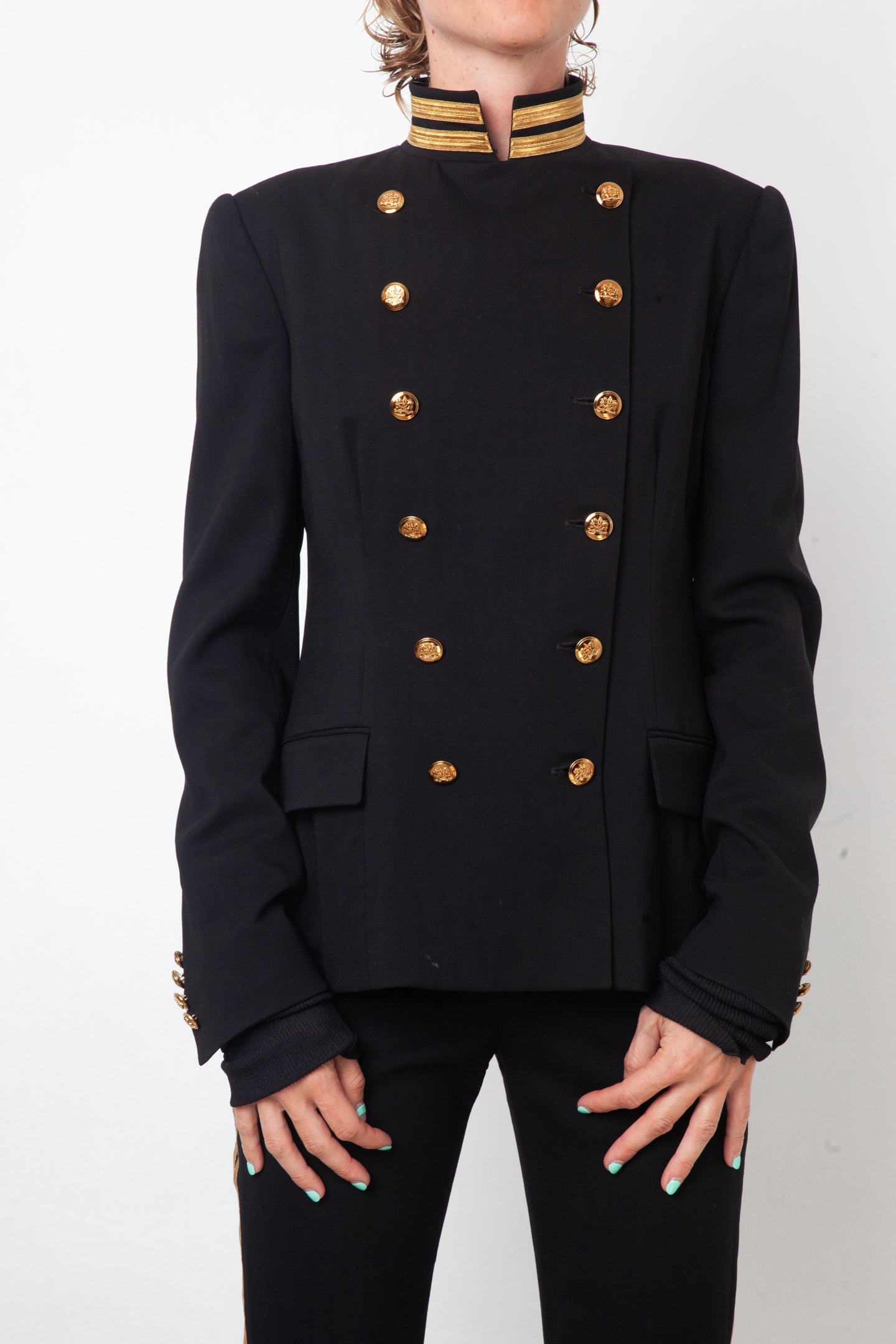 Ralph Lauren 2010's black pantsuit with golden buttons and stripes
