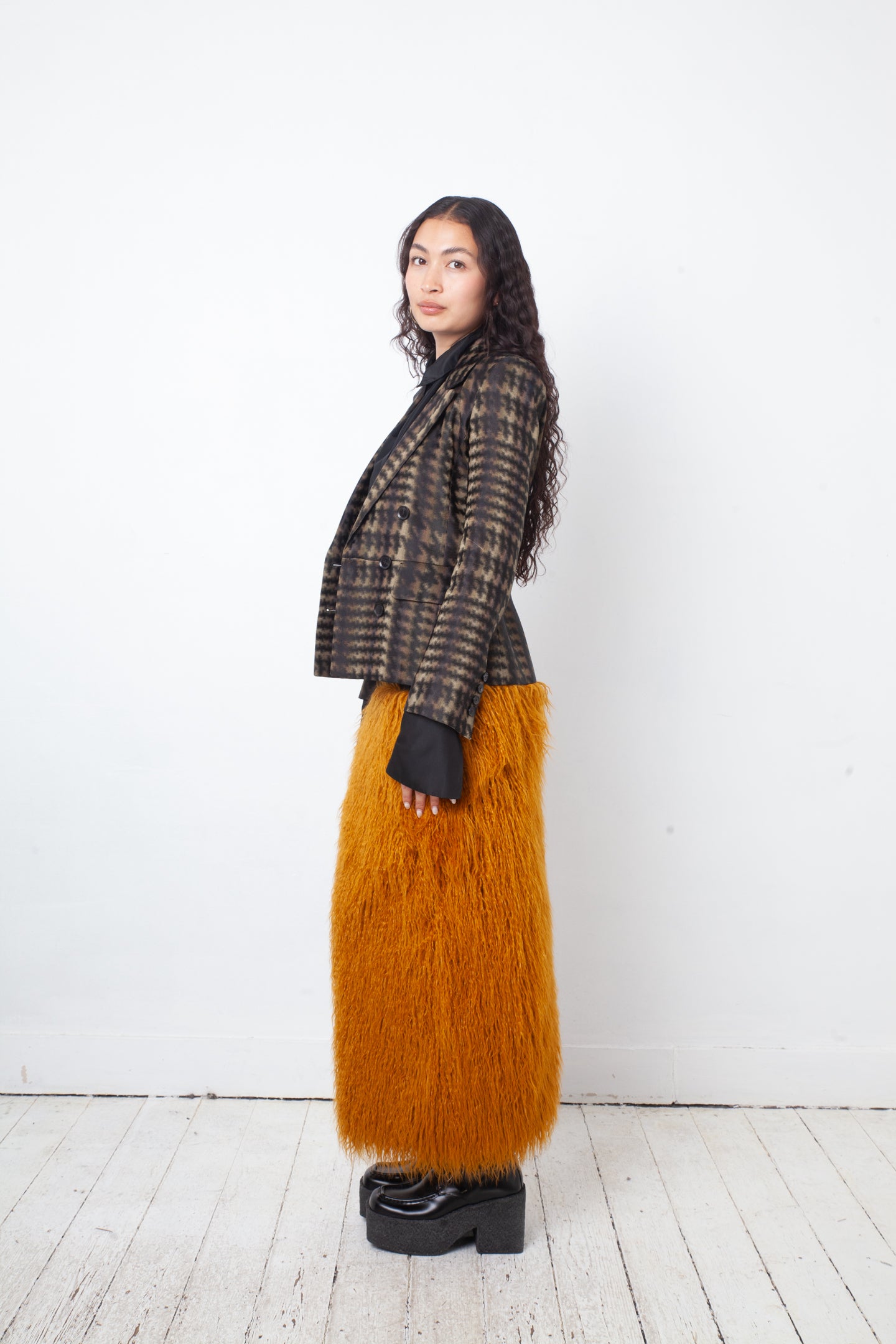 Dries van Noten FW 2018 hairy faux fur ochre skirt