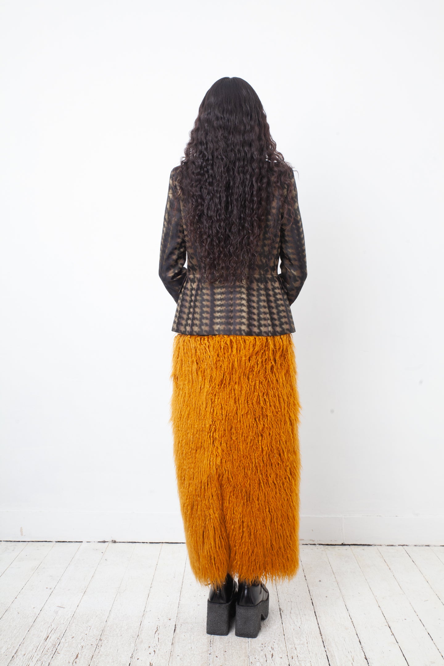 Dries van Noten FW 2018 hairy faux fur ochre skirt