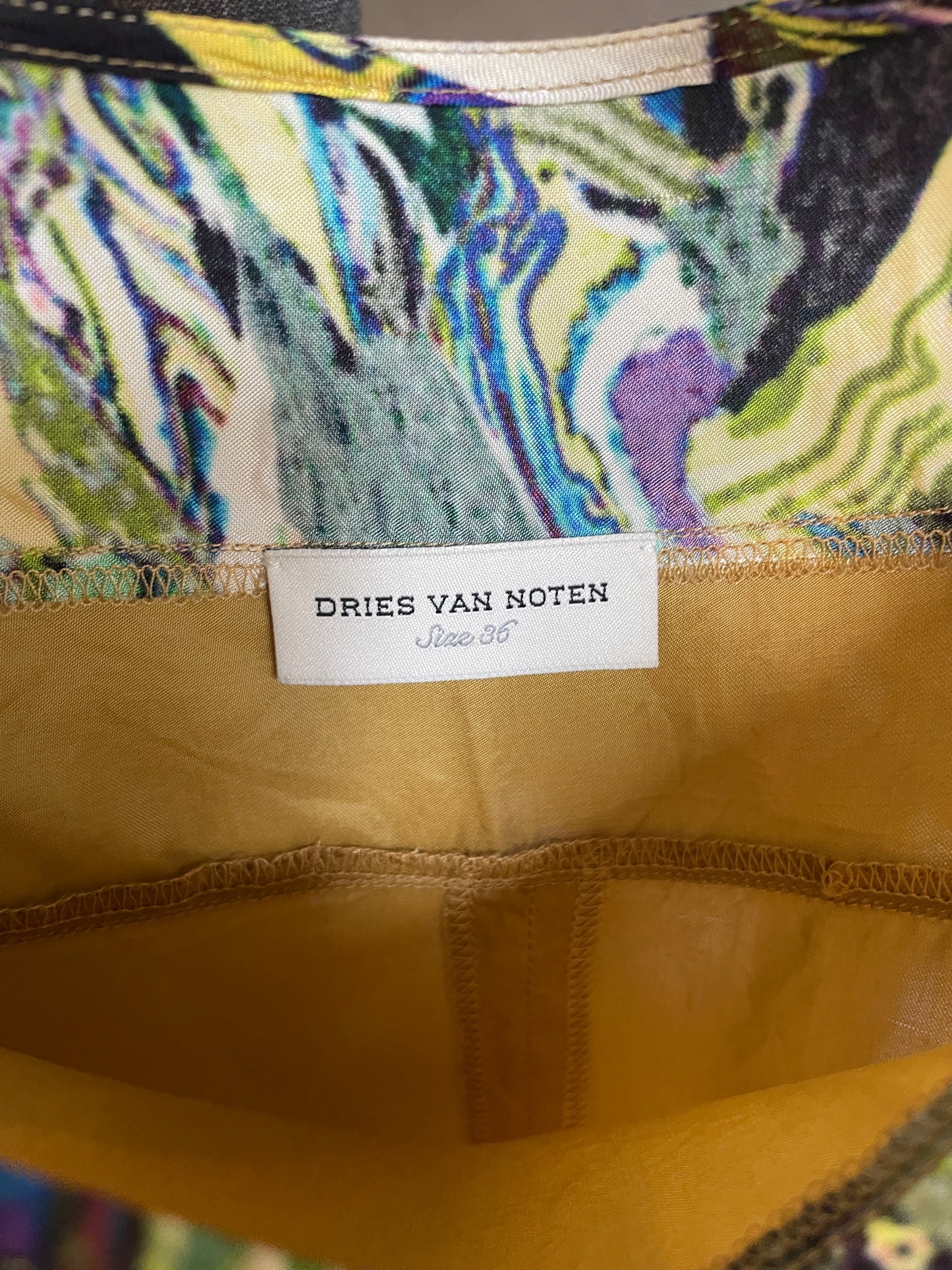 Dries van Noten 2010's mustard yellow dress with multicolour marble outlines