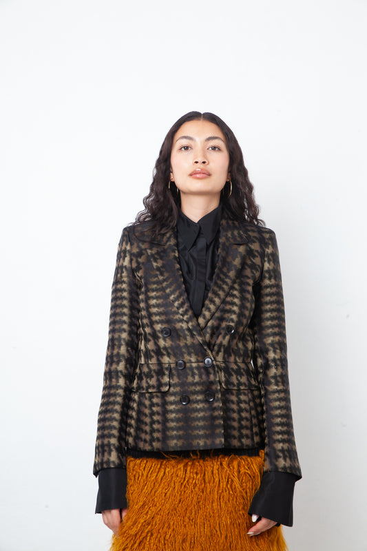 Gucci Fall 2013 silk iridescent houndstooth khaki blazer