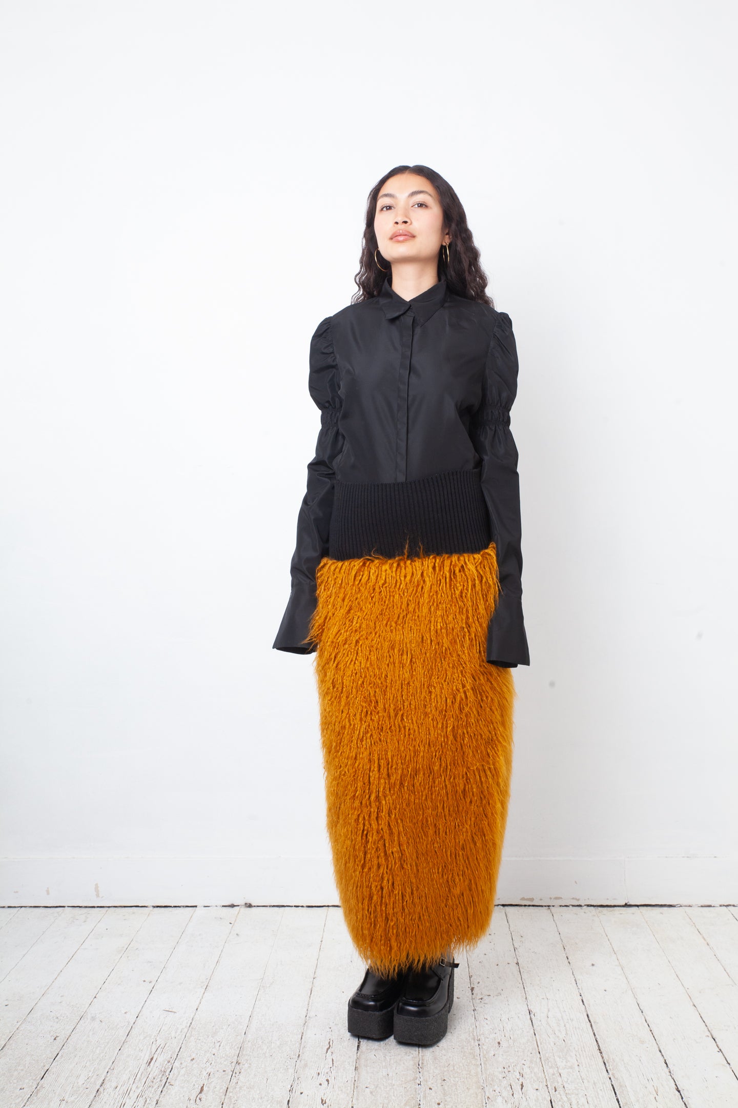 Dries van Noten FW 2018 hairy faux fur ochre skirt