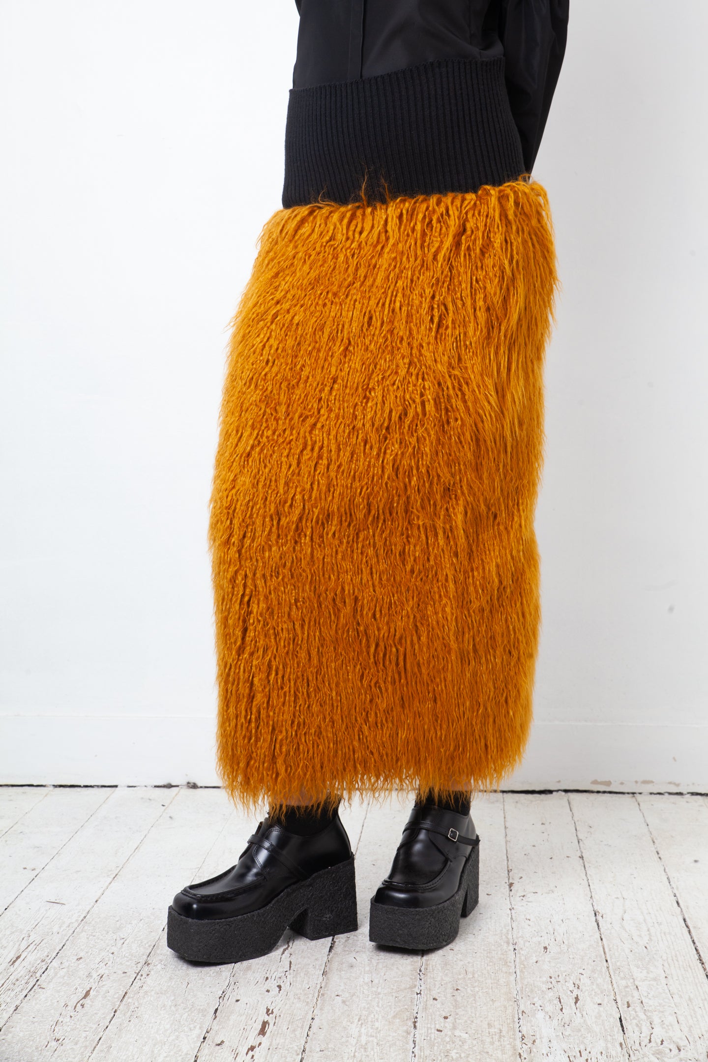Dries van Noten FW 2018 hairy faux fur ochre skirt