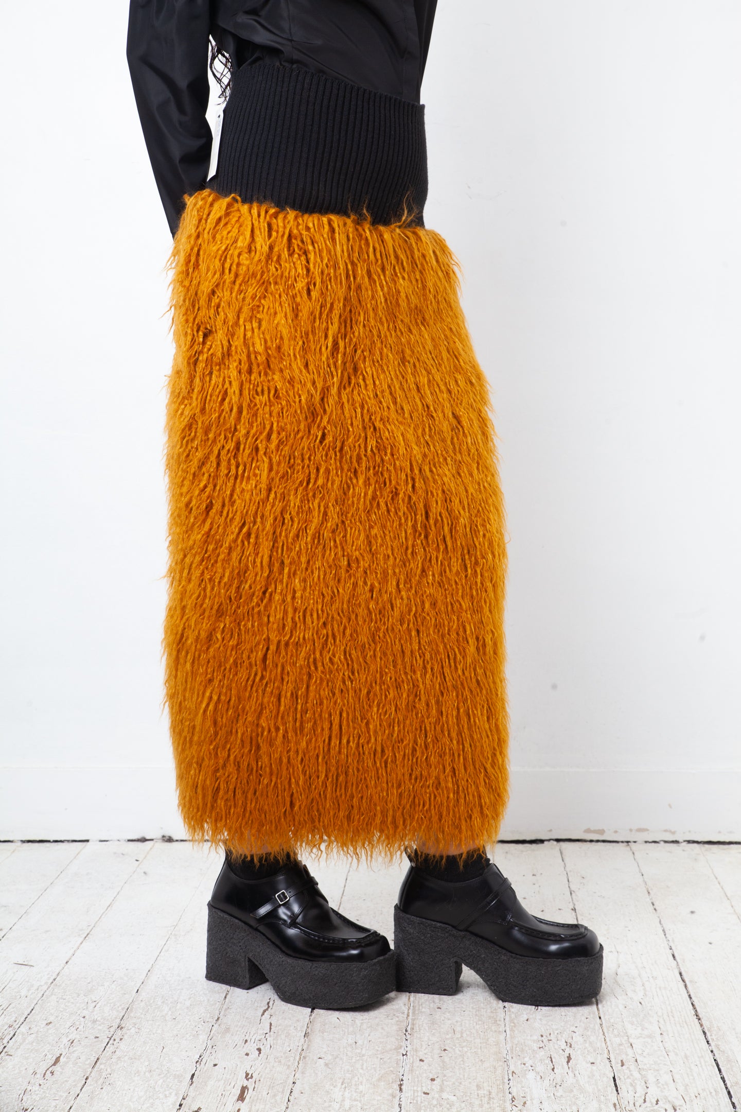Dries van Noten FW 2018 hairy faux fur ochre skirt