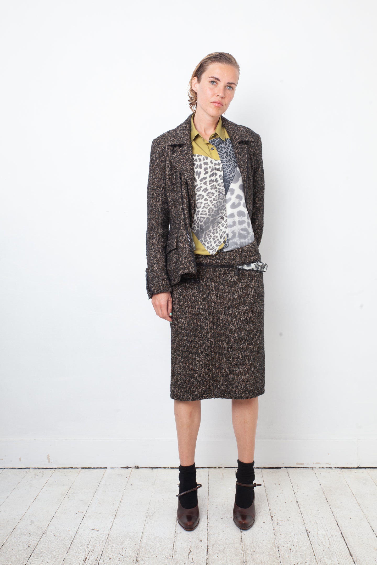 Dirk Bikkembergs 2000's wool brown suit with asymmetric zipper details