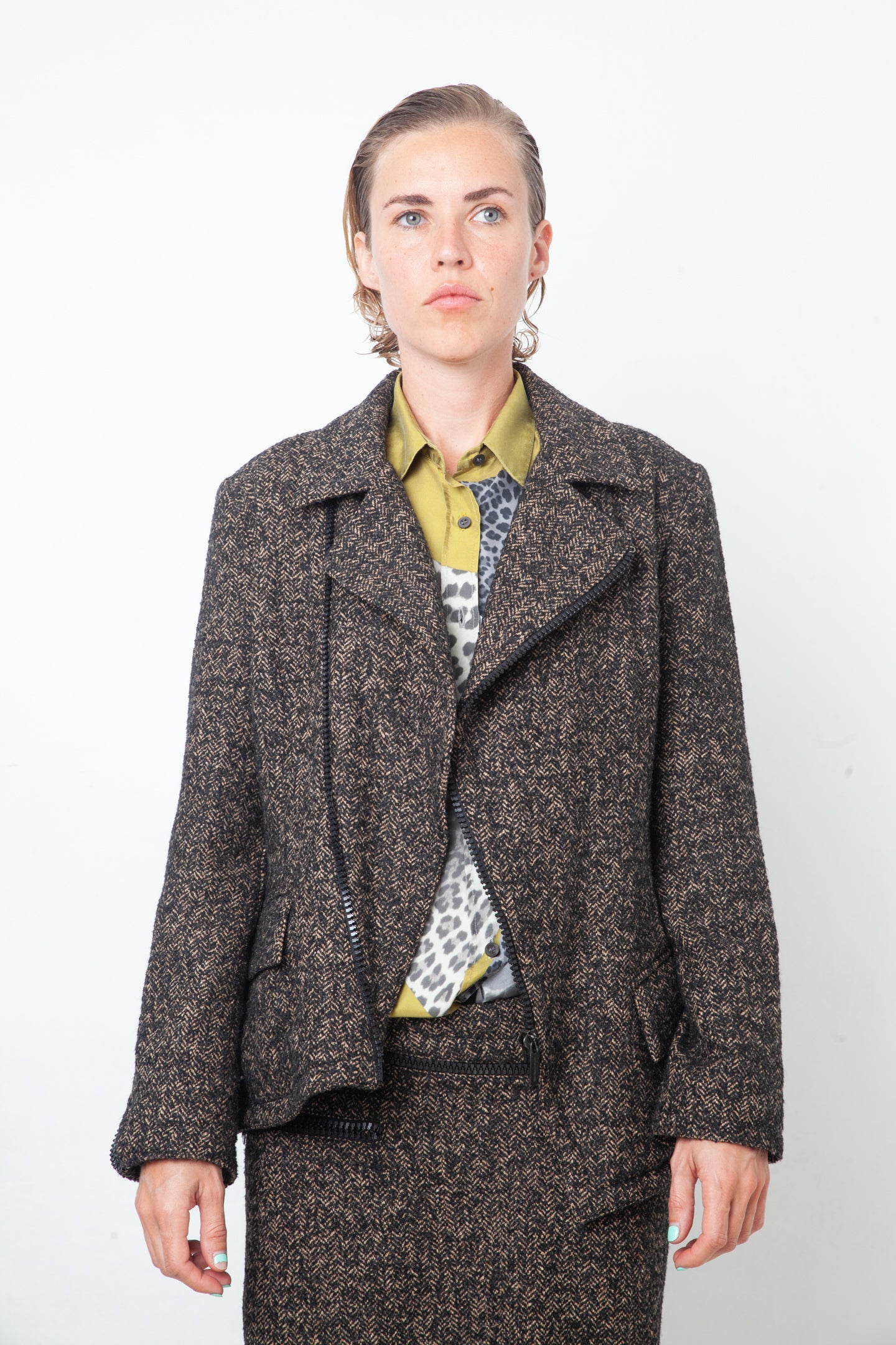 Dirk Bikkembergs 2000's wool brown suit with asymmetric zipper details
