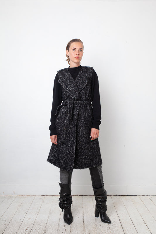 Dries van Noten 2010's sleeveless wool bouclé grey coat with belt