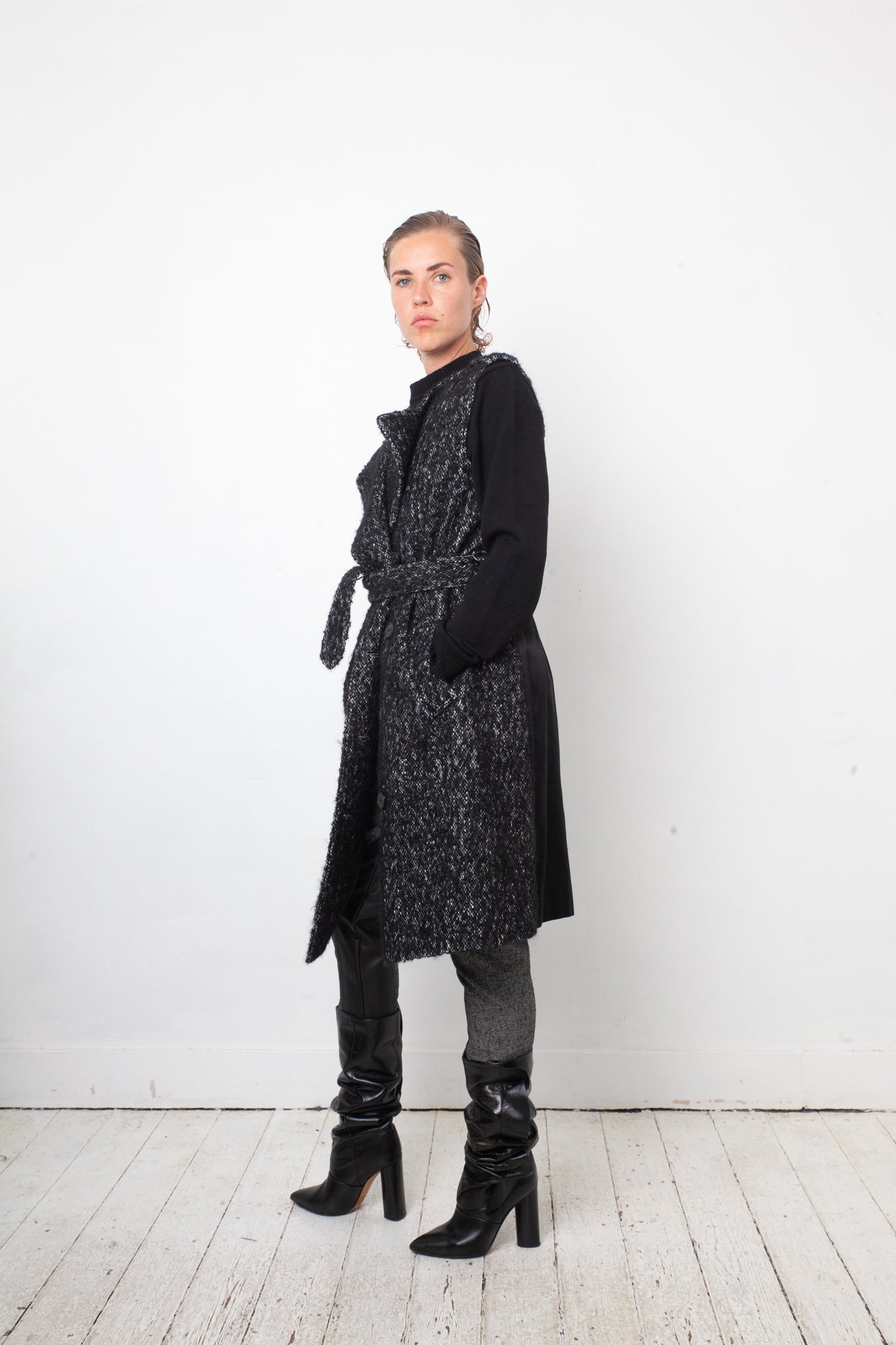Dries van Noten 2010's sleeveless wool bouclé grey coat with belt