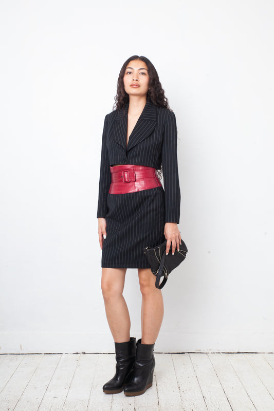 Angelo Tarlazzi 90's pinstripe black skirt suit with red leather waistband