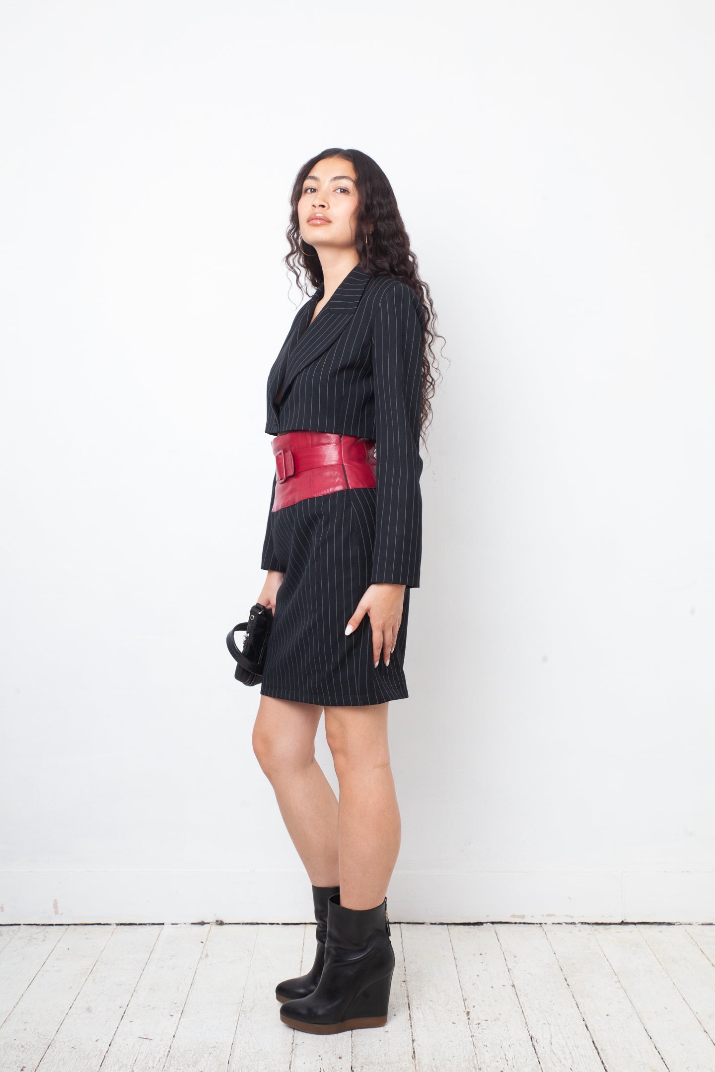 Angelo Tarlazzi 90's pinstripe black skirt suit with red leather waistband