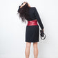 Angelo Tarlazzi 90's pinstripe black skirt suit with red leather waistband