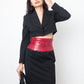 Angelo Tarlazzi 90's pinstripe black skirt suit with red leather waistband