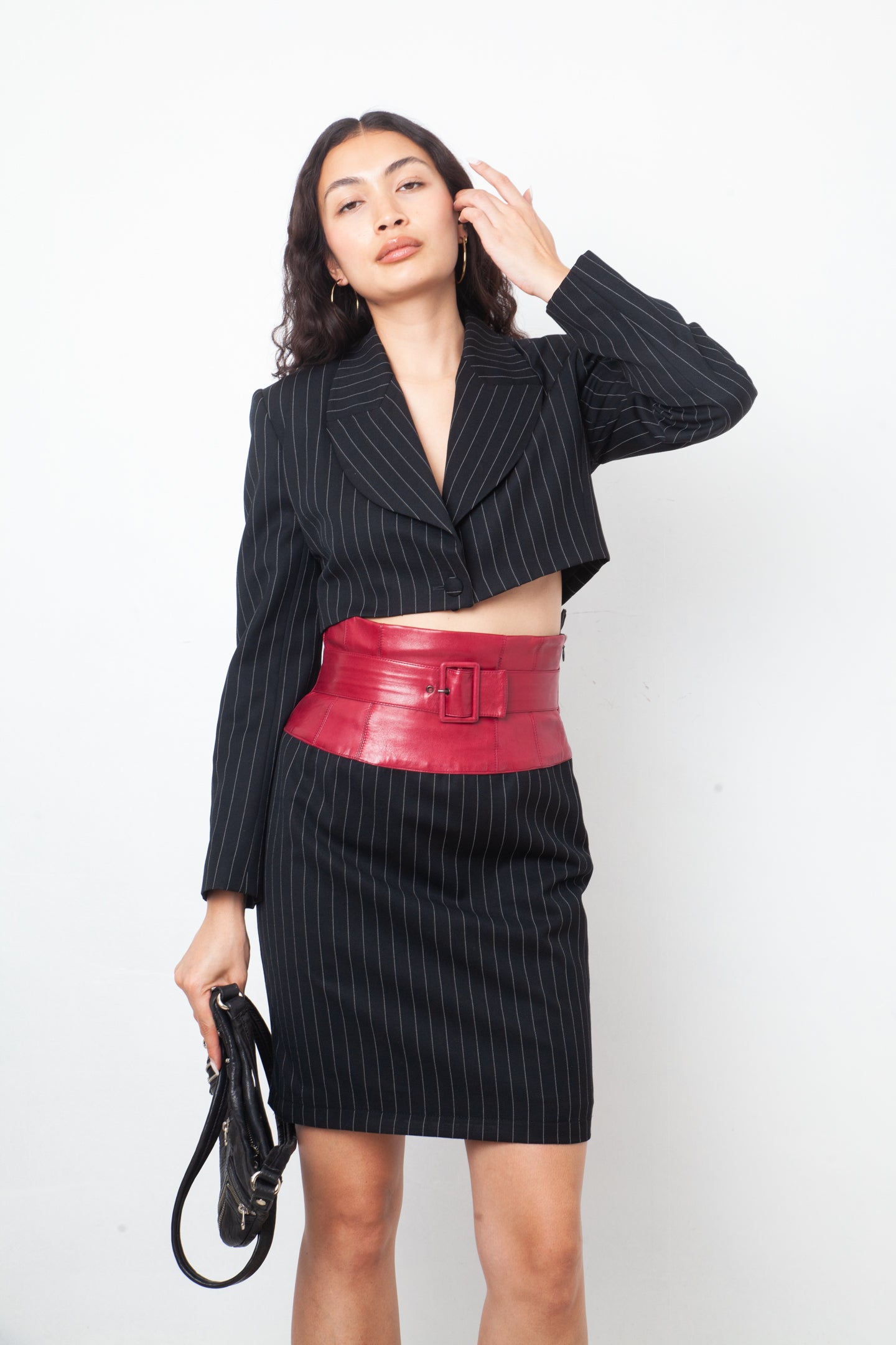 Angelo Tarlazzi 90's pinstripe black skirt suit with red leather waistband