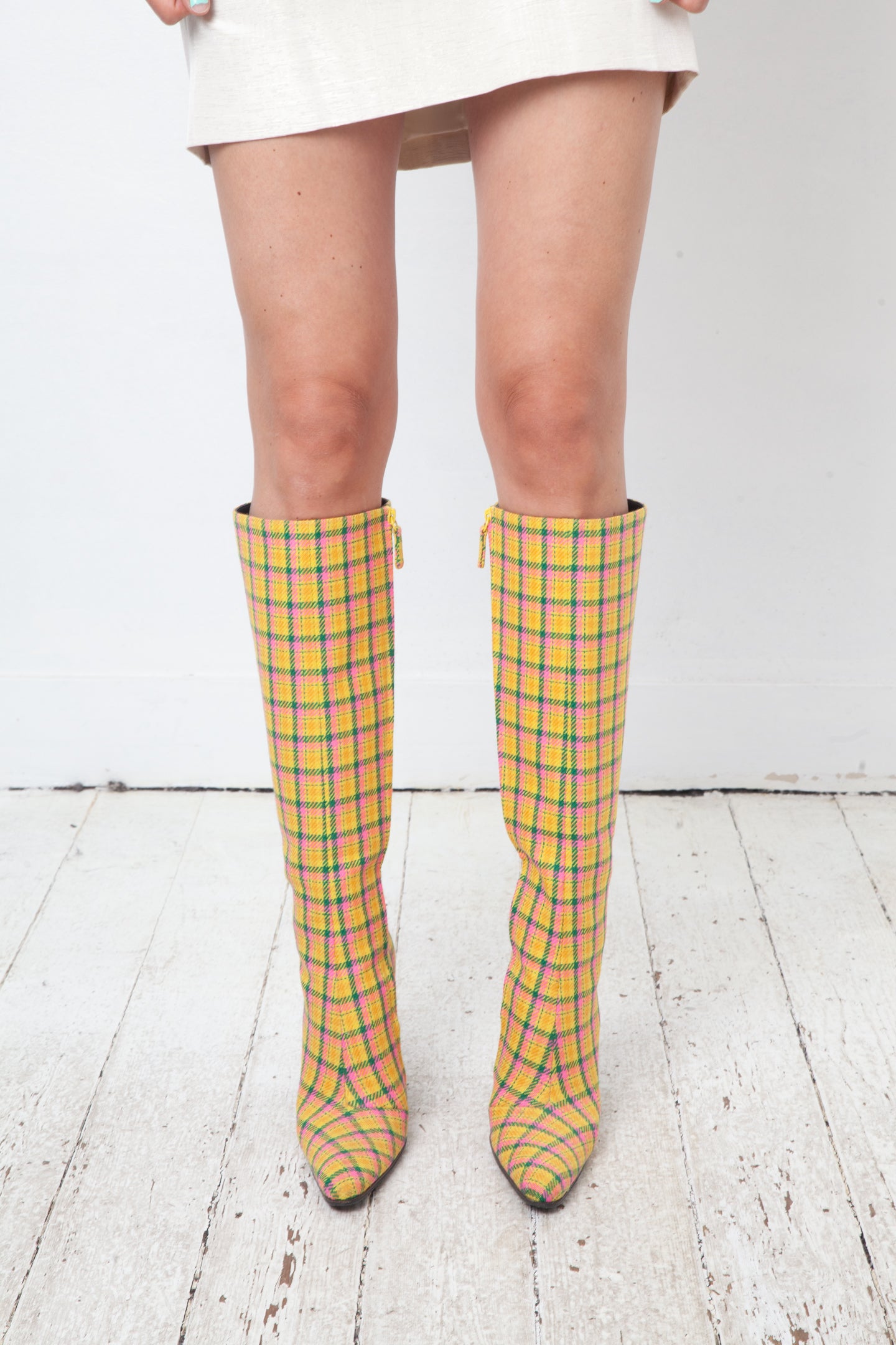 Balenciaga Fall 2018 checkered yellow pink and green cloth boots size 37