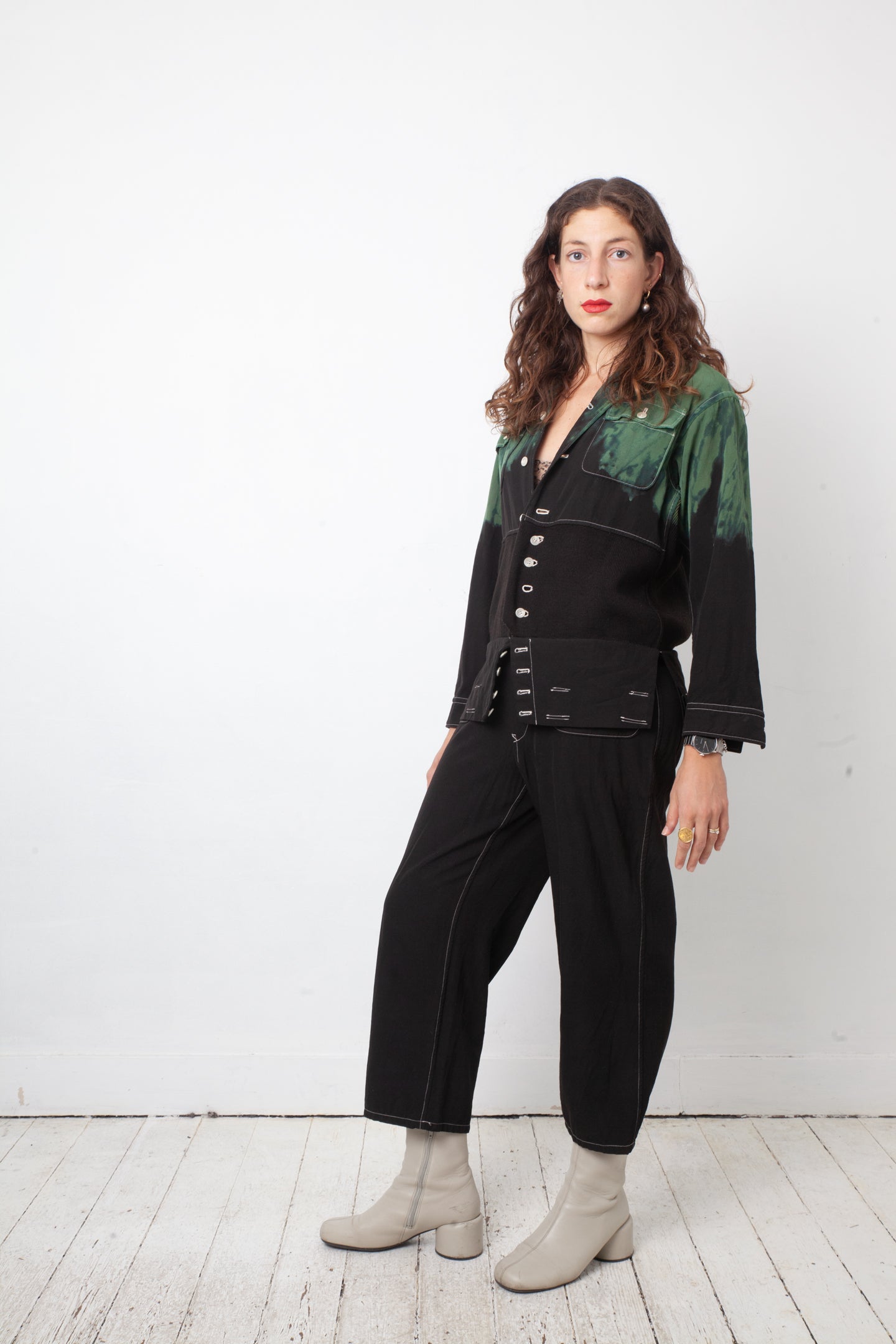 Yohji Yamamoto 2000's black and green tie dye wool jumpsuit