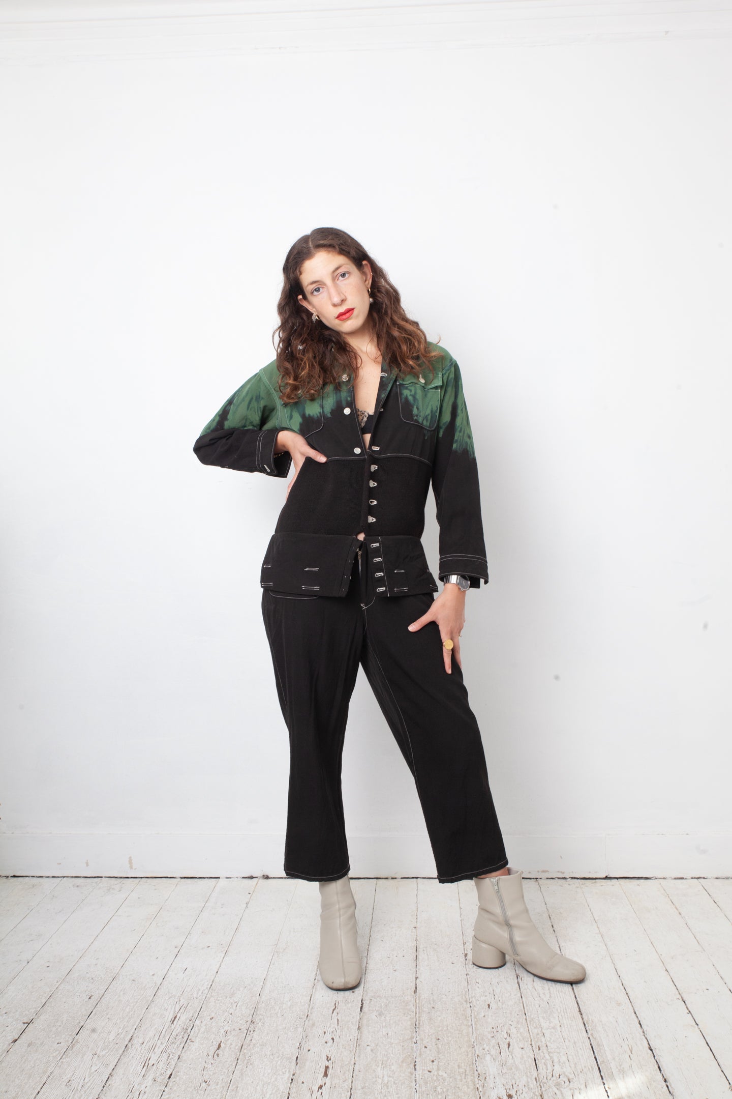 Yohji Yamamoto 2000's black and green tie dye wool jumpsuit
