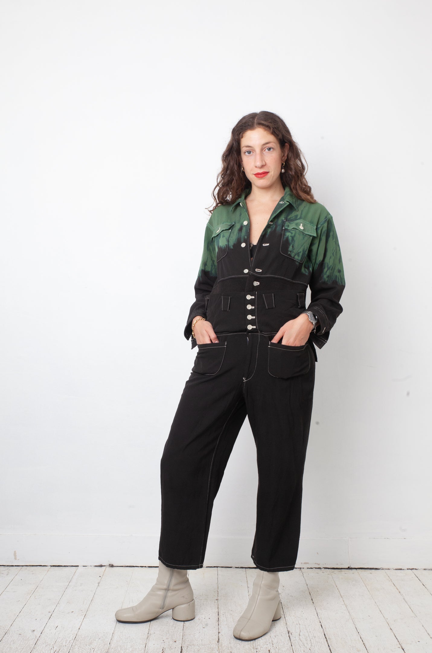 Yohji Yamamoto 2000's black and green tie dye wool jumpsuit