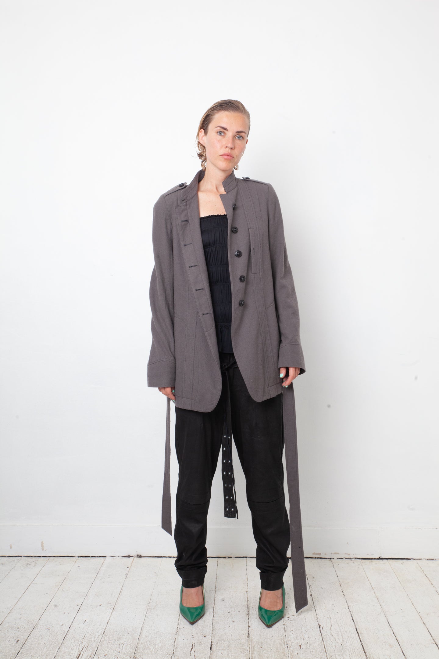 Ann Demeulemeester 2000's grey wool military style jacket with belt