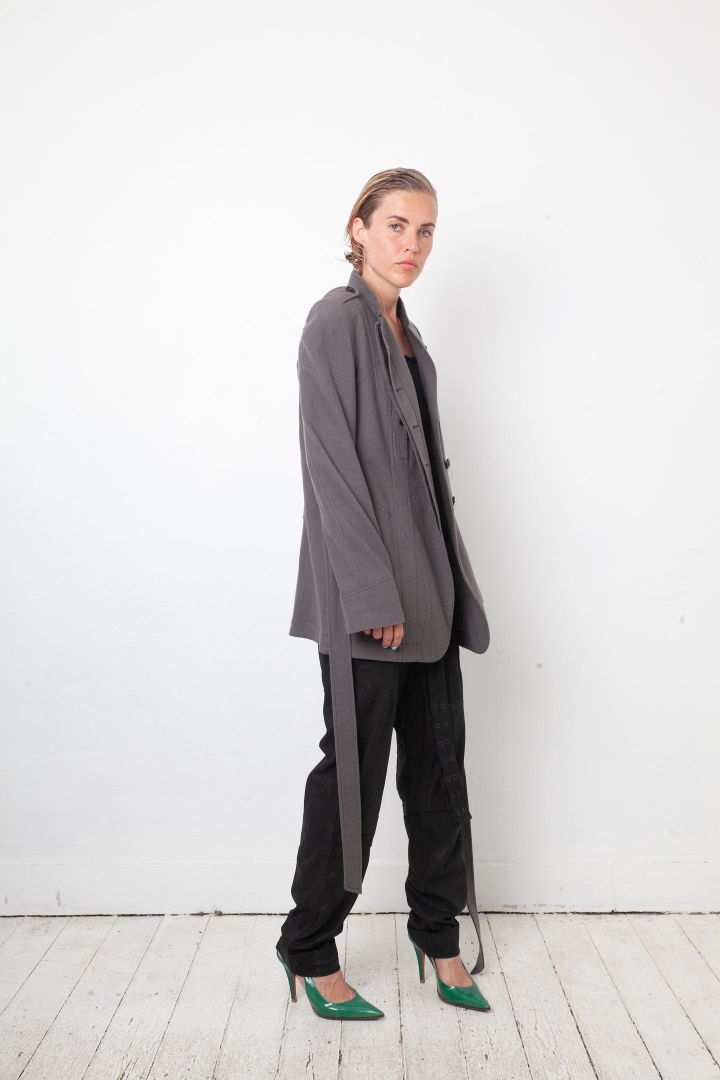 Ann Demeulemeester 2000's grey wool military style jacket with belt