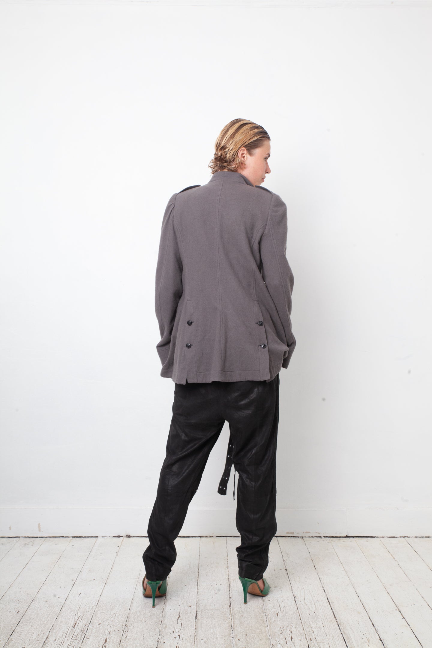 Ann Demeulemeester 2000's grey wool military style jacket with belt