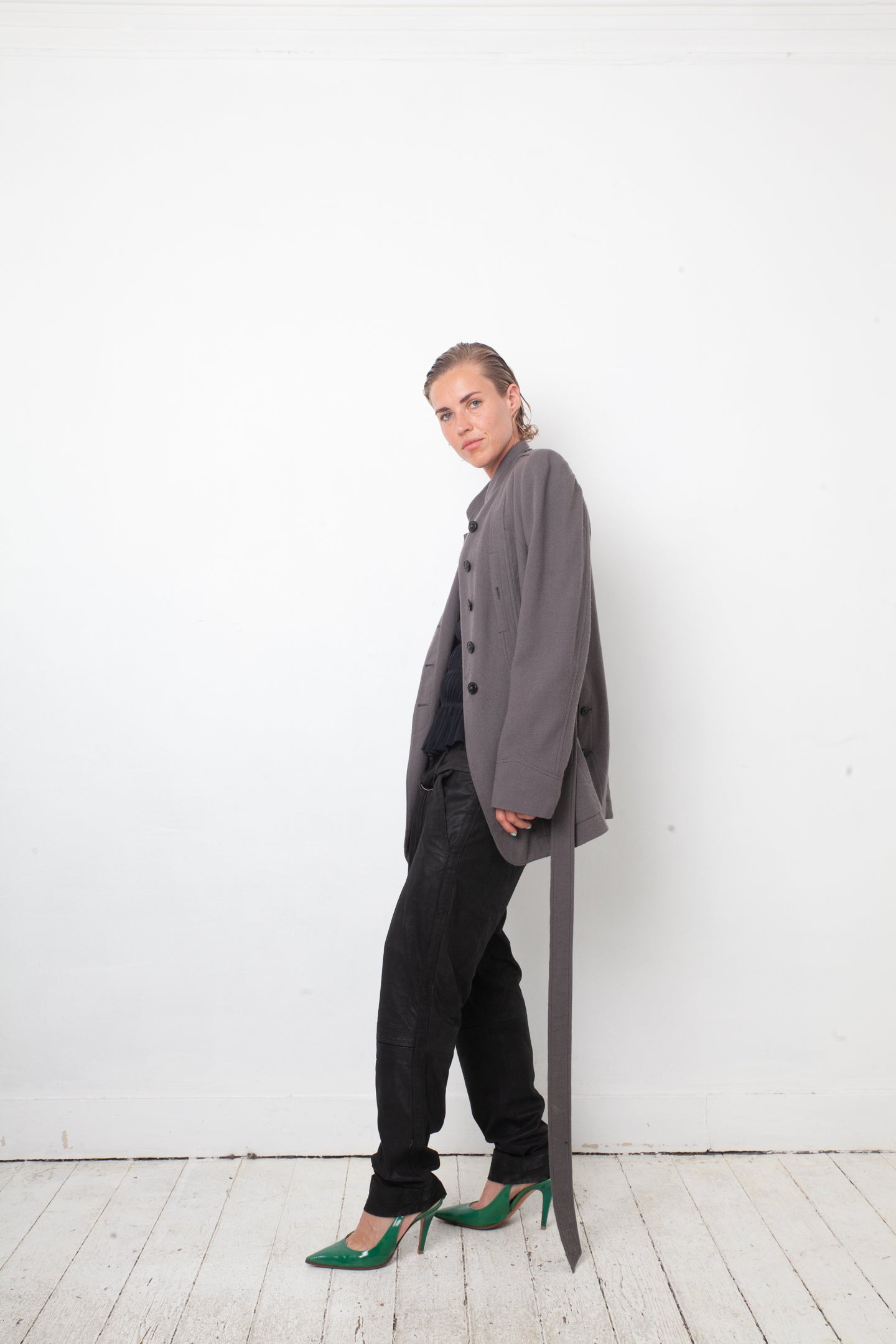 Ann Demeulemeester 2000's grey wool military style jacket with belt