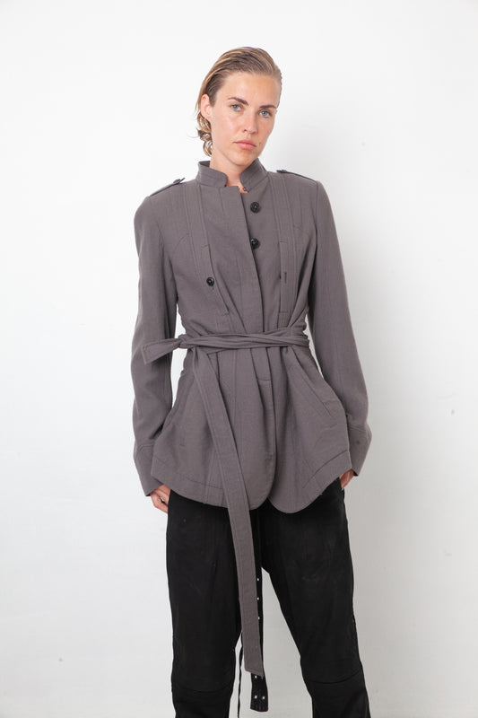 Ann Demeulemeester 2000's grey wool military style jacket with belt