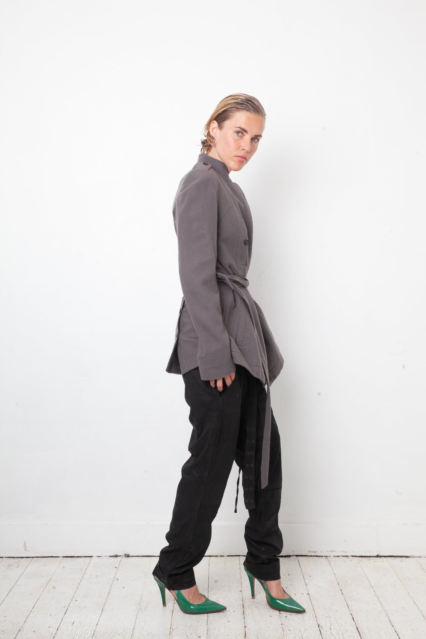 Ann Demeulemeester 2000's grey wool military style jacket with belt