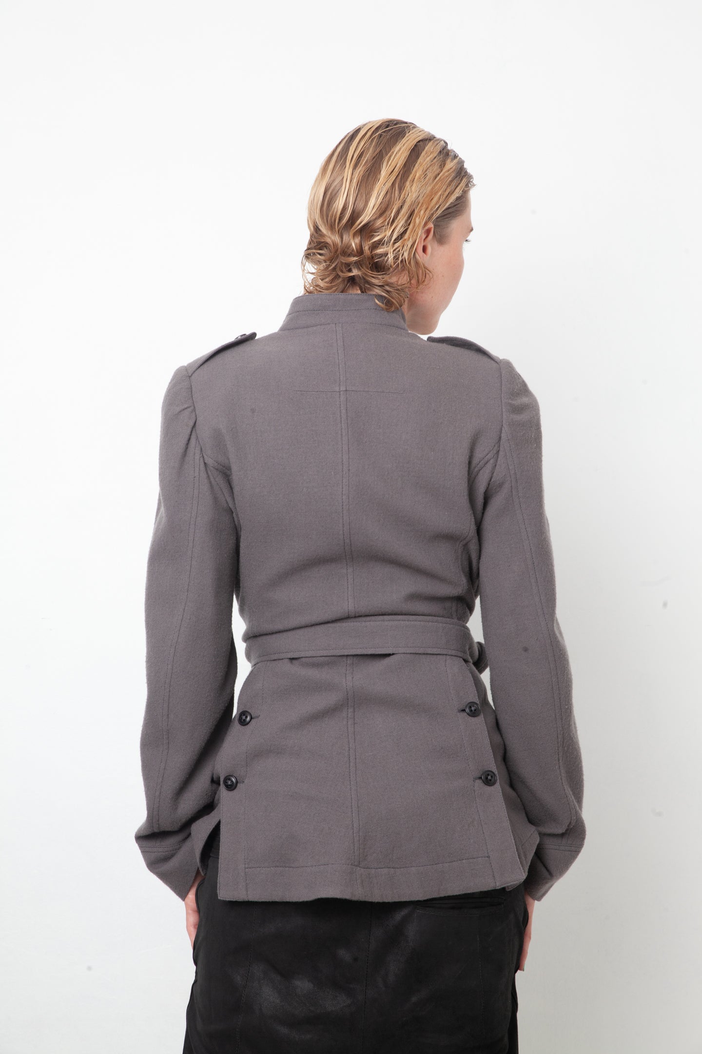 Ann Demeulemeester 2000's grey wool military style jacket with belt