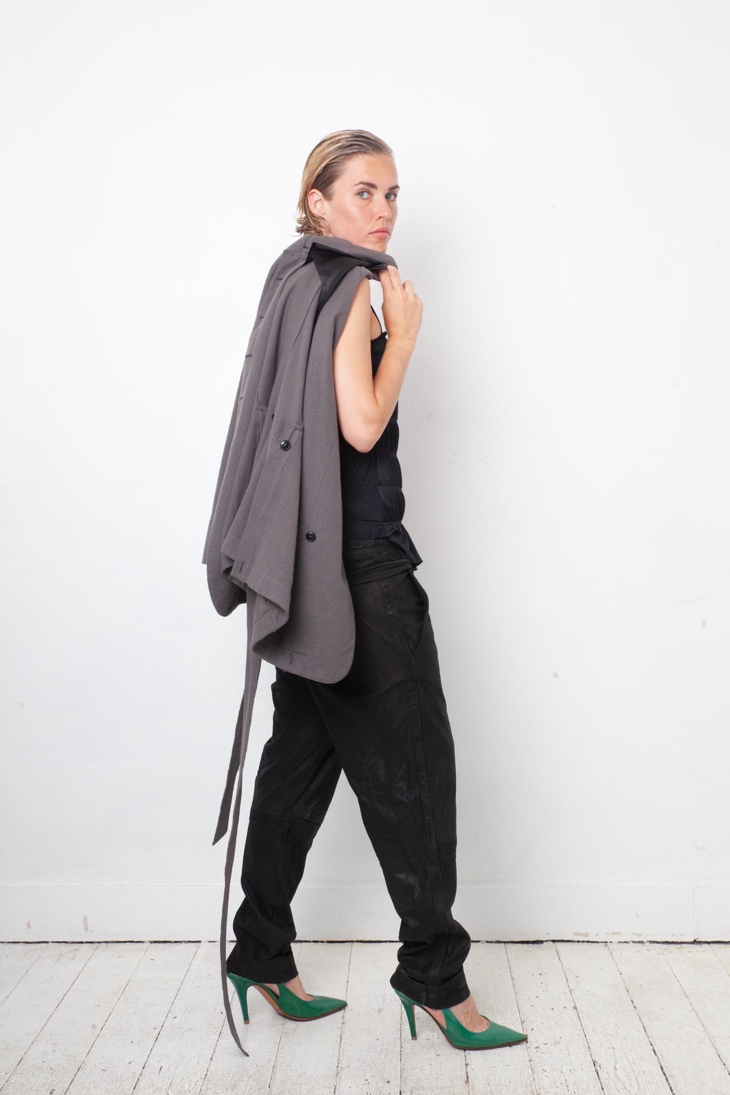 Ann Demeulemeester 2000's grey wool military style jacket with belt