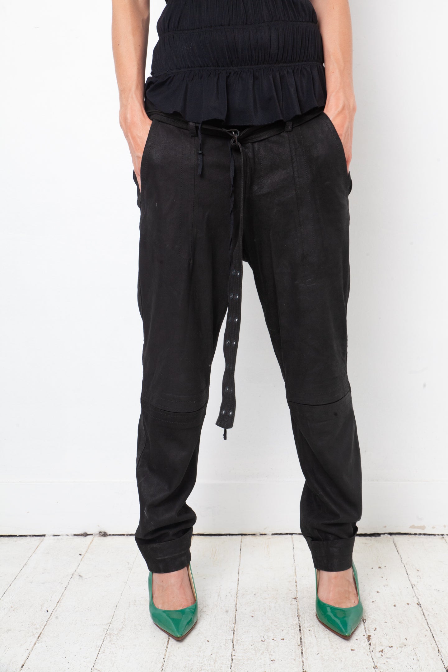 A.F. Vandervorst 2000's black leather loose trousers with belt