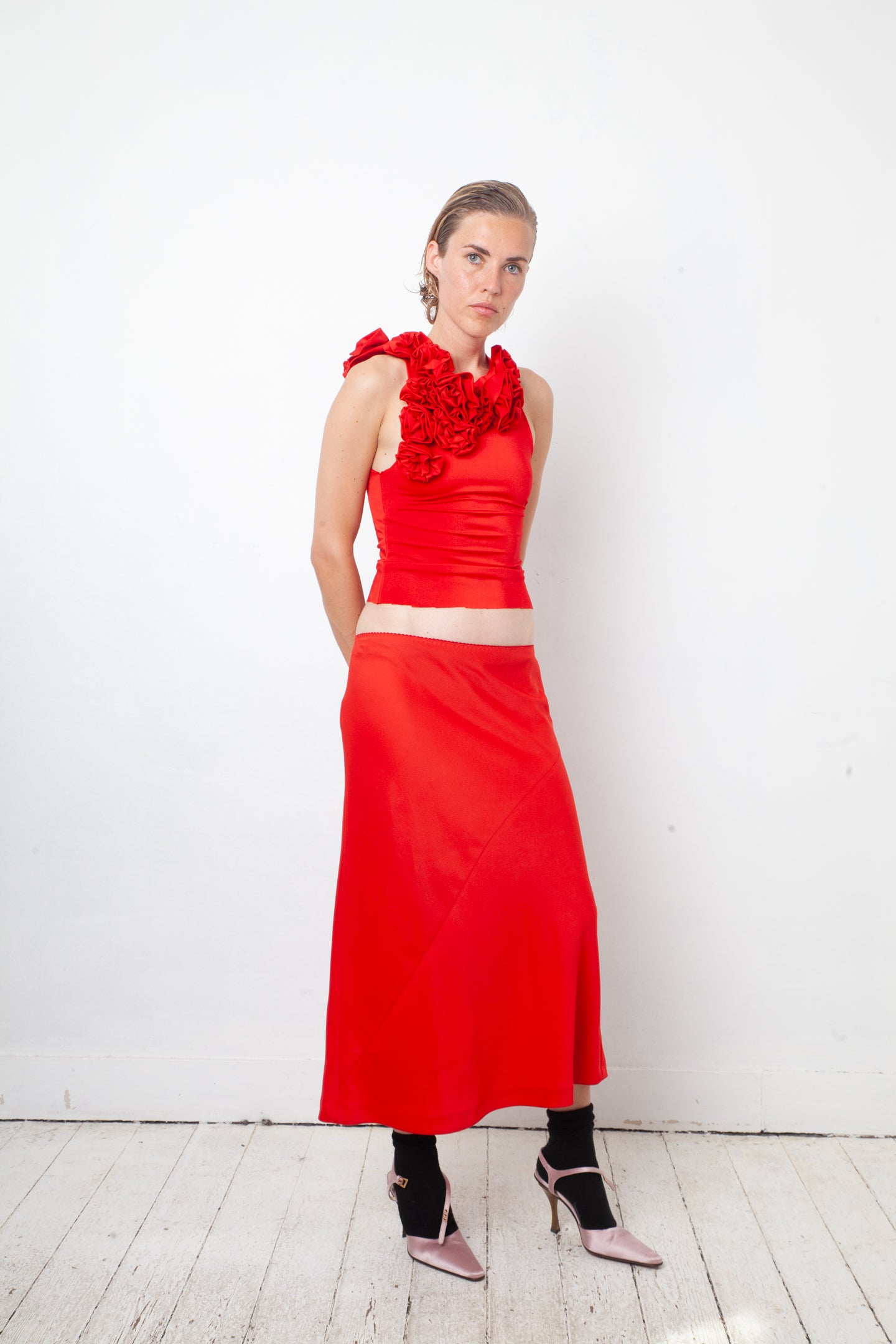 Maison Margiela Fall 2018 red silky midi skirt