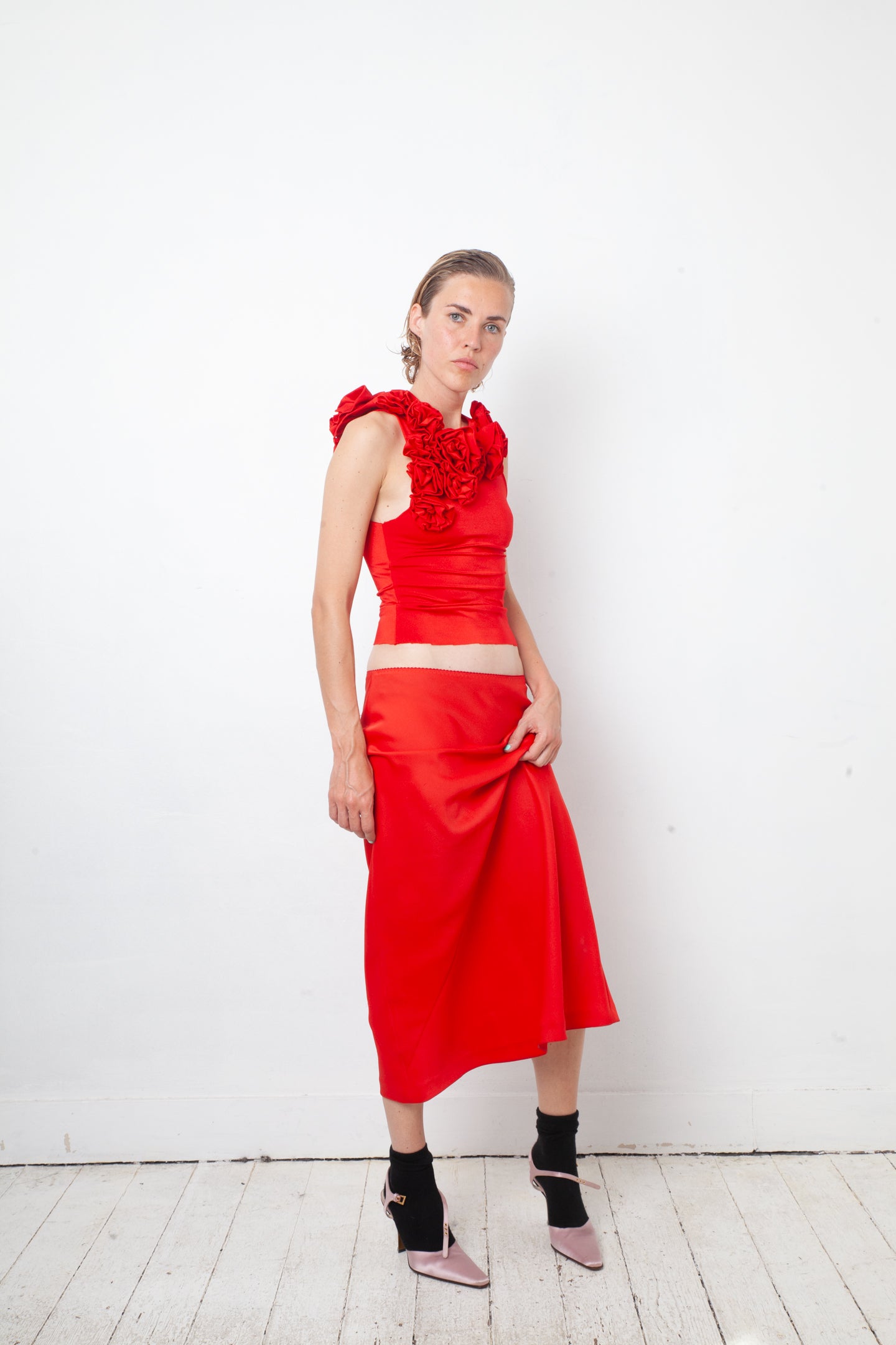 Maison Margiela Fall 2018 red silky midi skirt