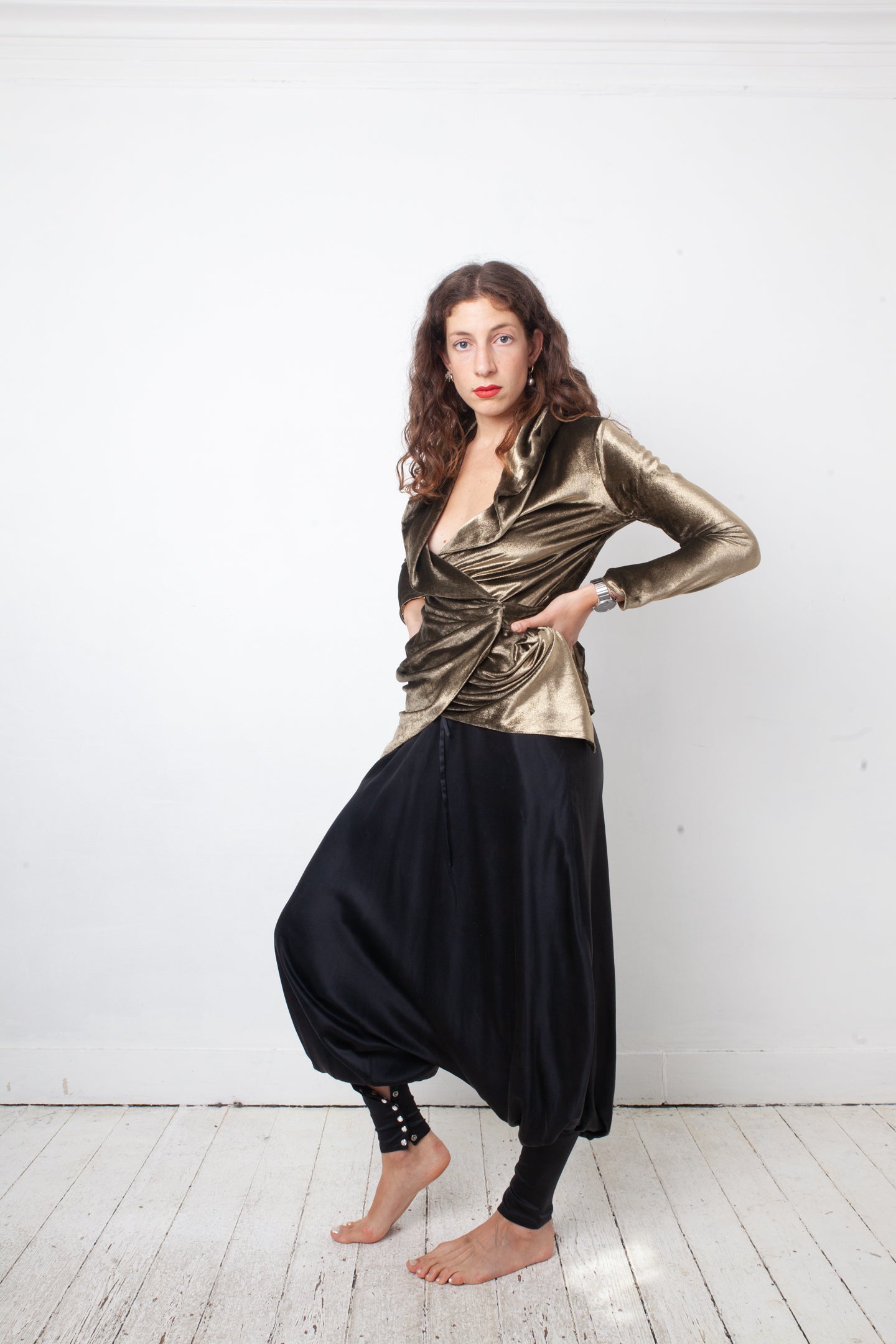 Balmain 2010's silk black sarwell trousers with diamond button detail