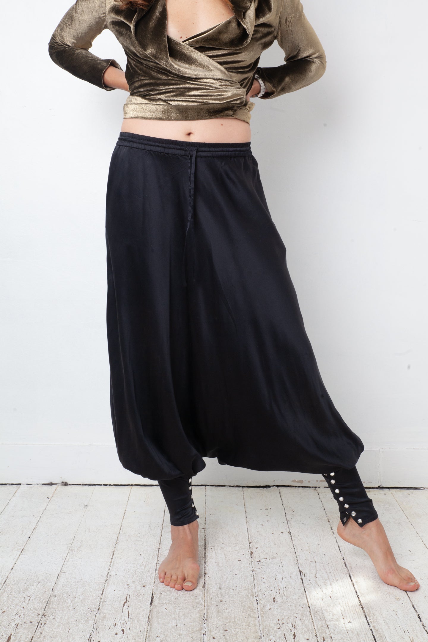 Balmain 2010's silk black sarwell trousers with diamond button detail