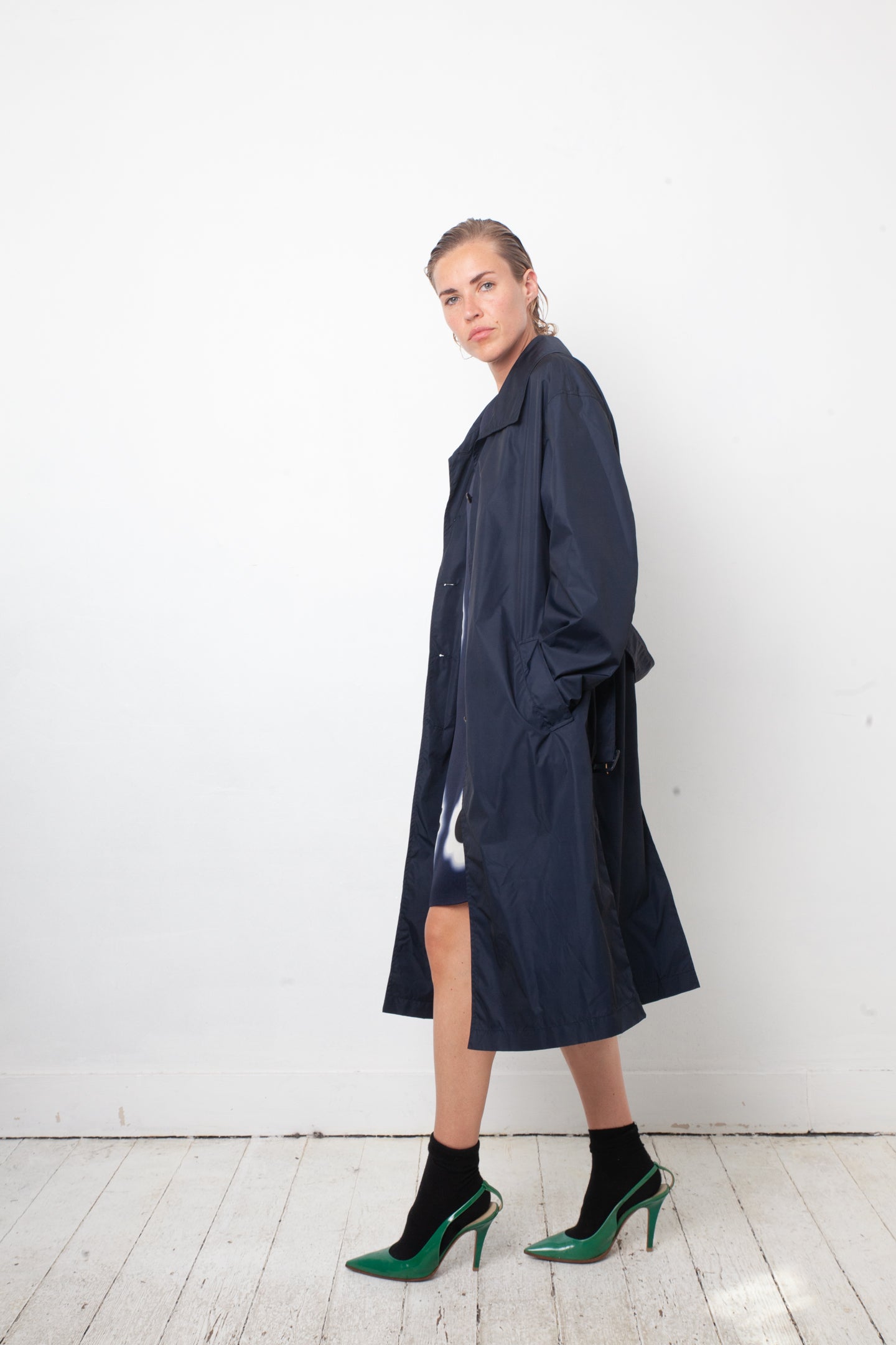 Prada 2000's dark blue nylon trench coat with belt