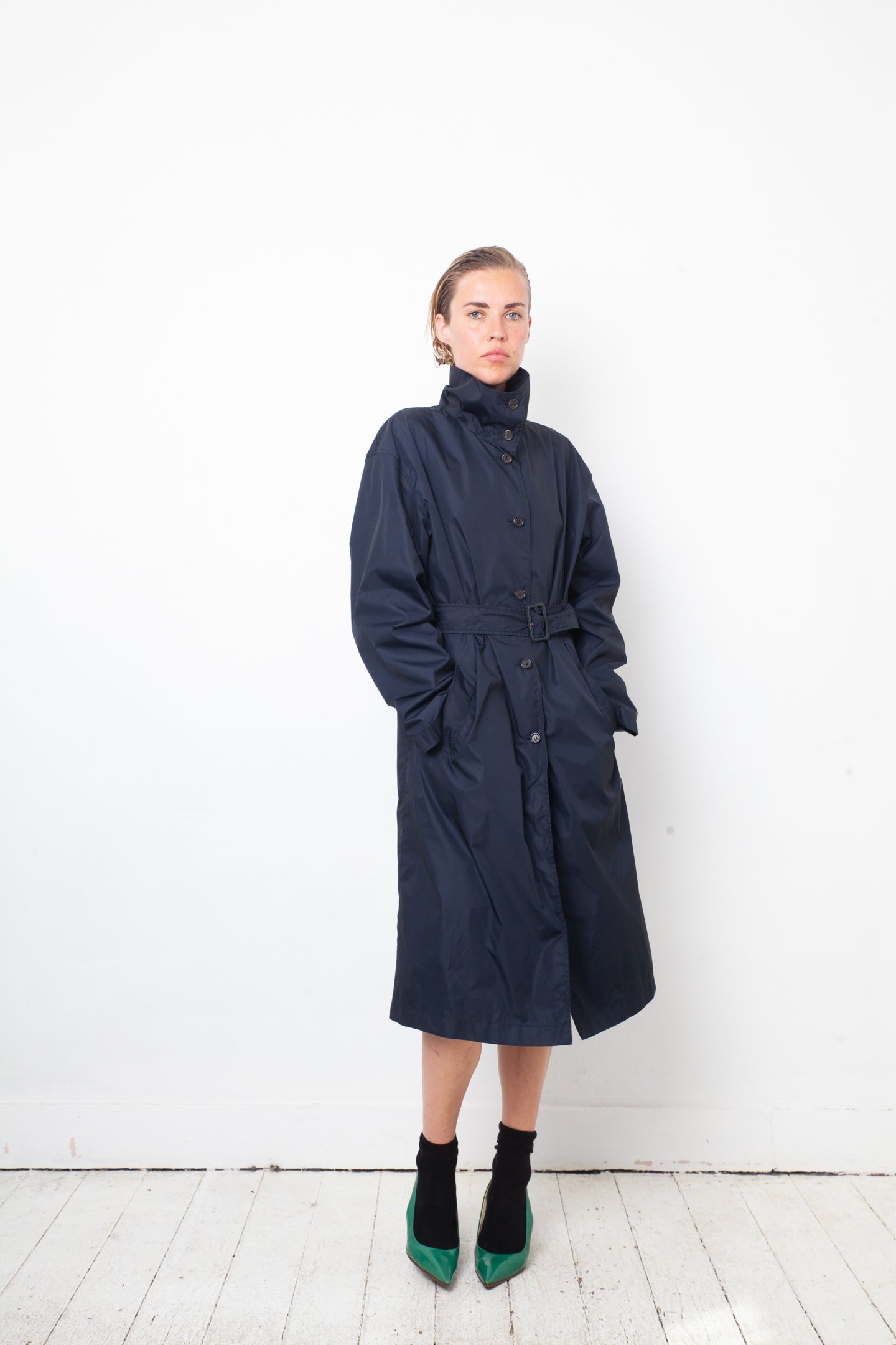 Prada 2000's dark blue nylon trench coat with belt