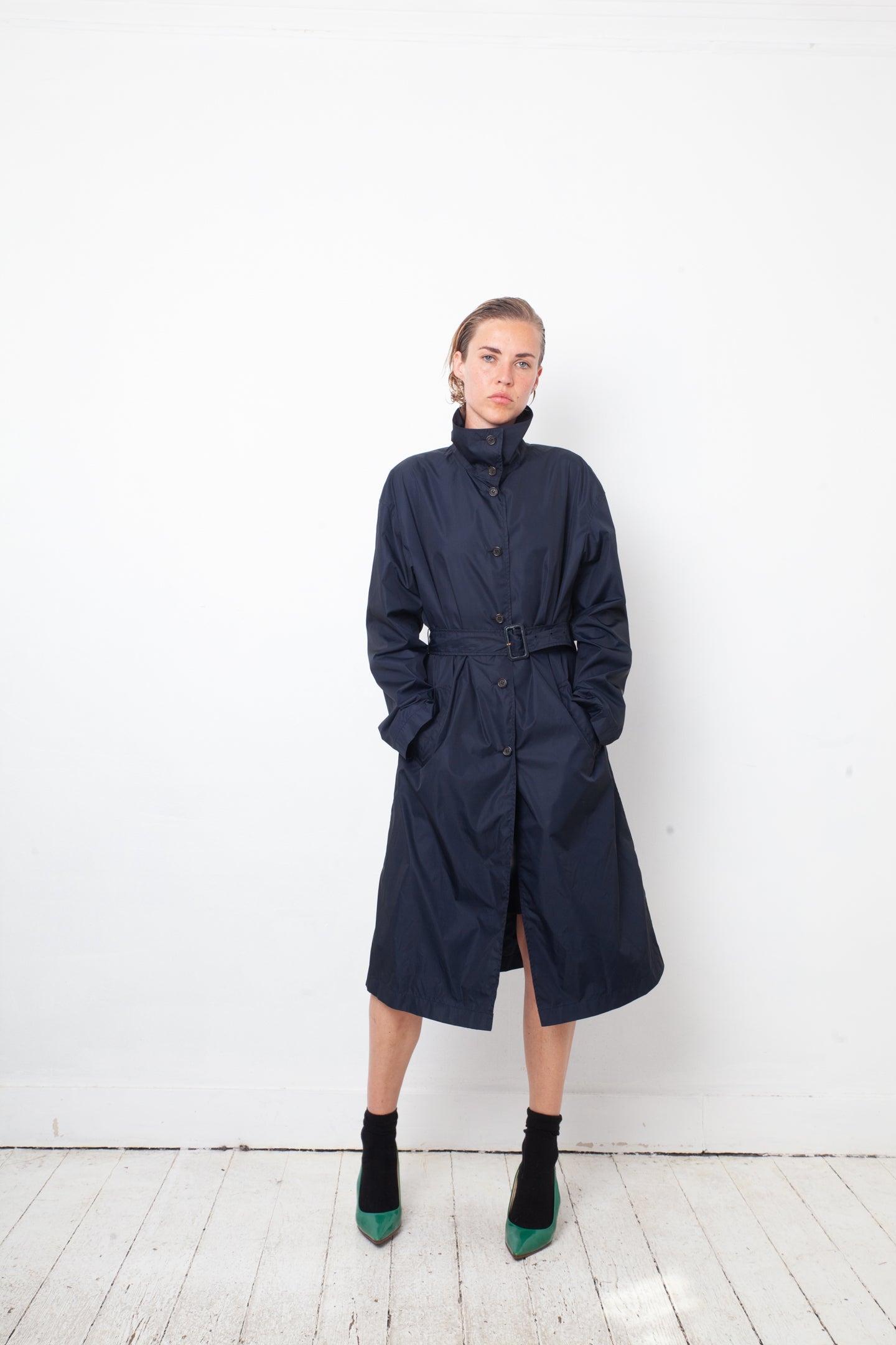 Prada 2000's dark blue nylon trench coat with belt
