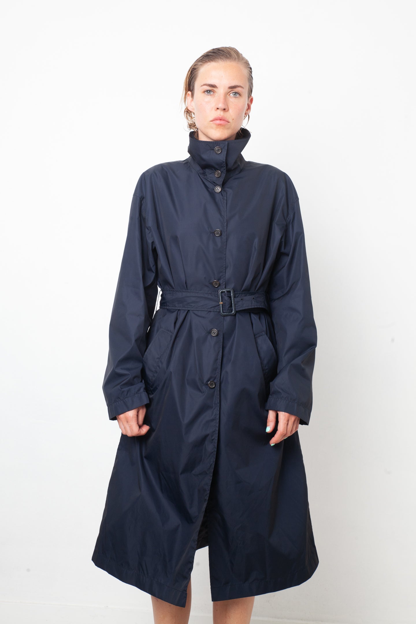 Prada 2000's dark blue nylon trench coat with belt